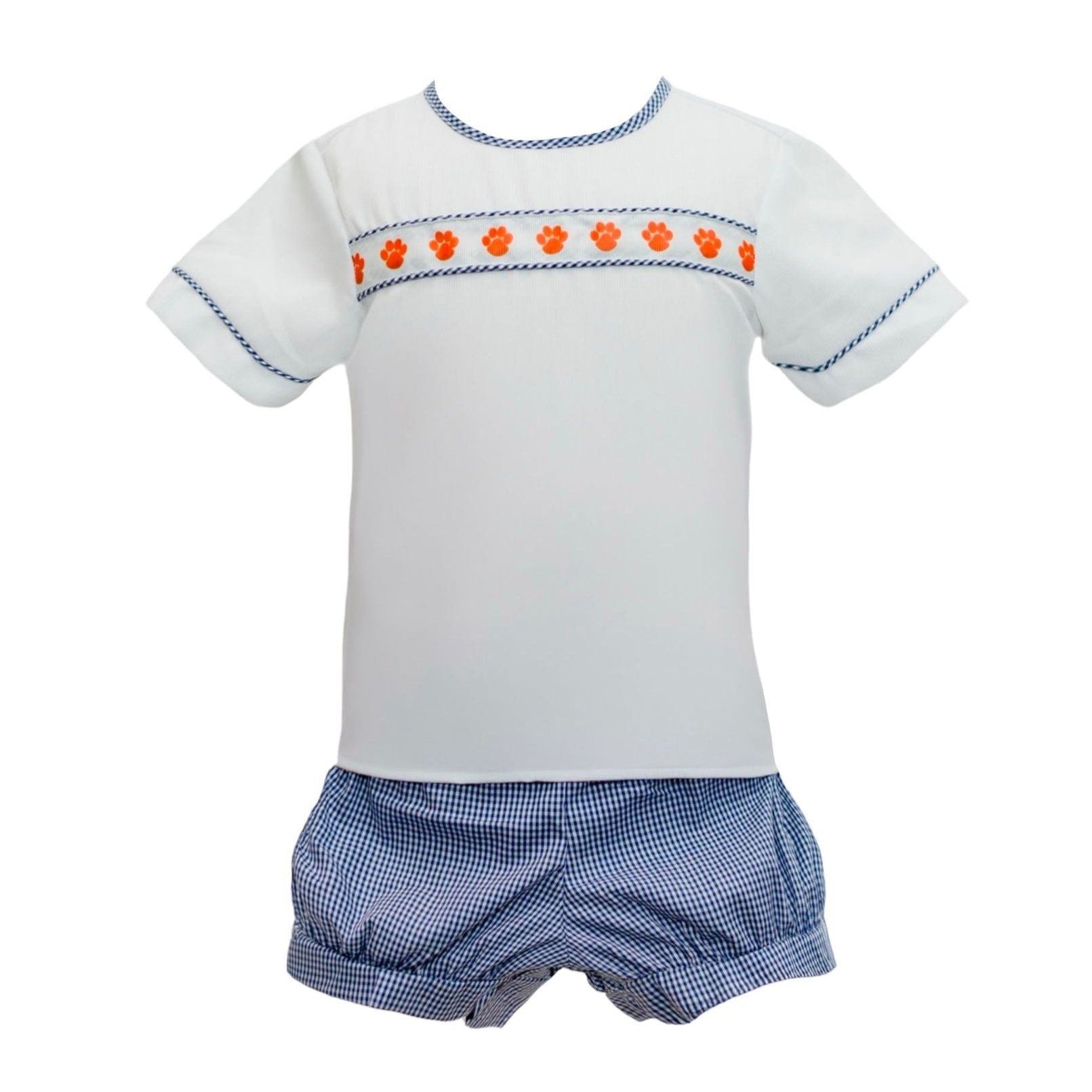 GD25-AUB.017 Navy/Orange Tiger Paw Ribbon Banded Short Set - Born Childrens Boutique