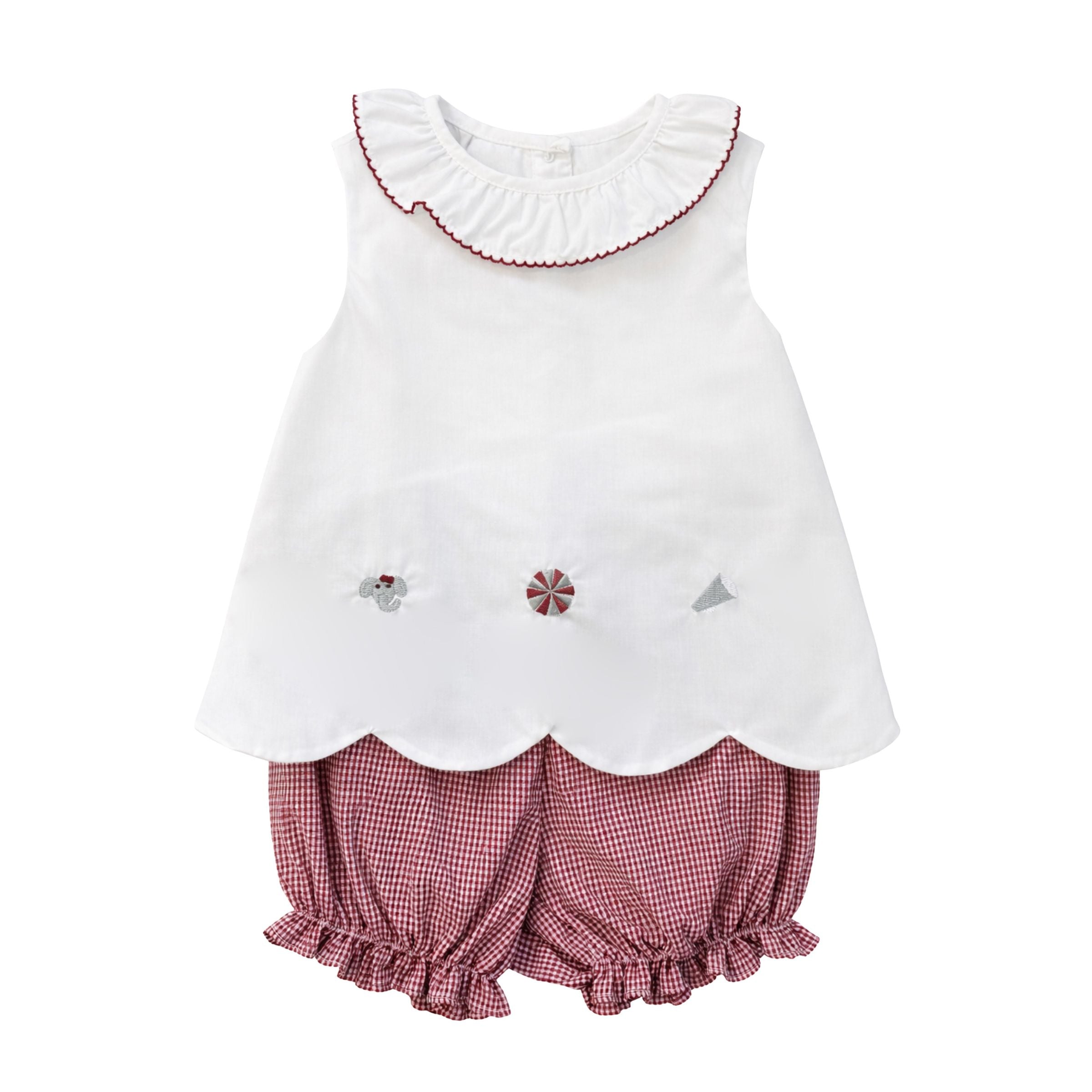 Elaine Ruffle Collar Scallop Bloomer Set, Crimson Elephants - Born Childrens Boutique