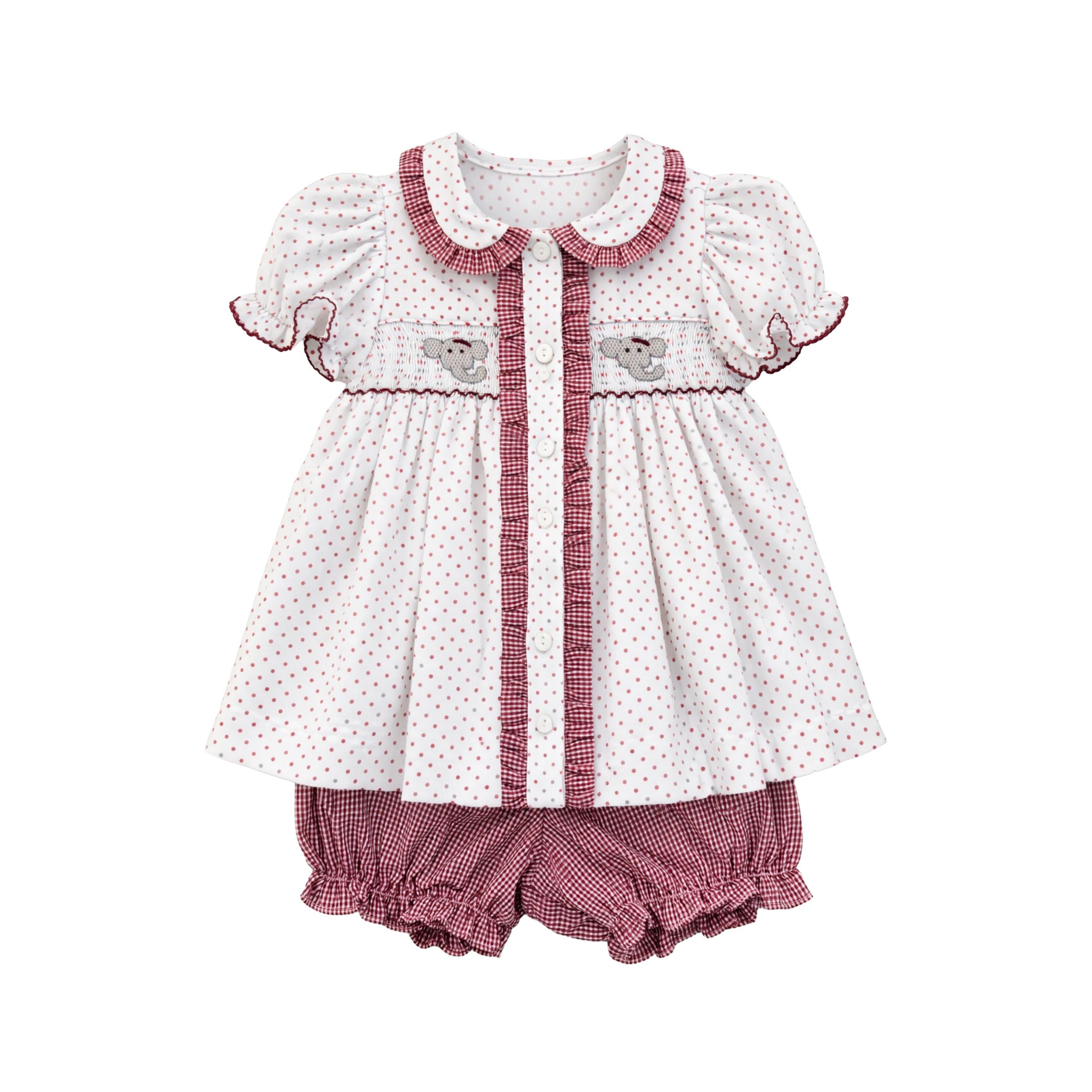 Ruby Smocked Bloomer Set, Crimson Bitty Dot Elephant - Born Childrens Boutique