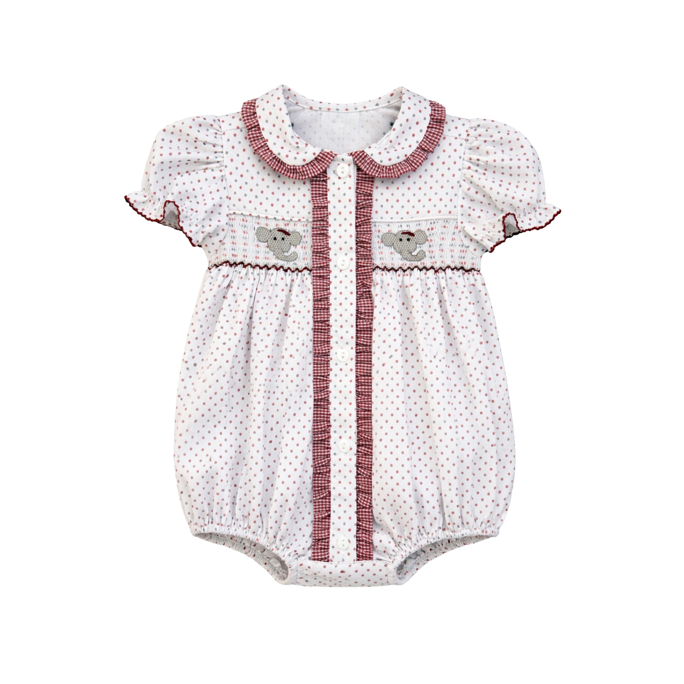 Smocked Bubble, Crimson Bitty Dot Elephant - Born Childrens Boutique