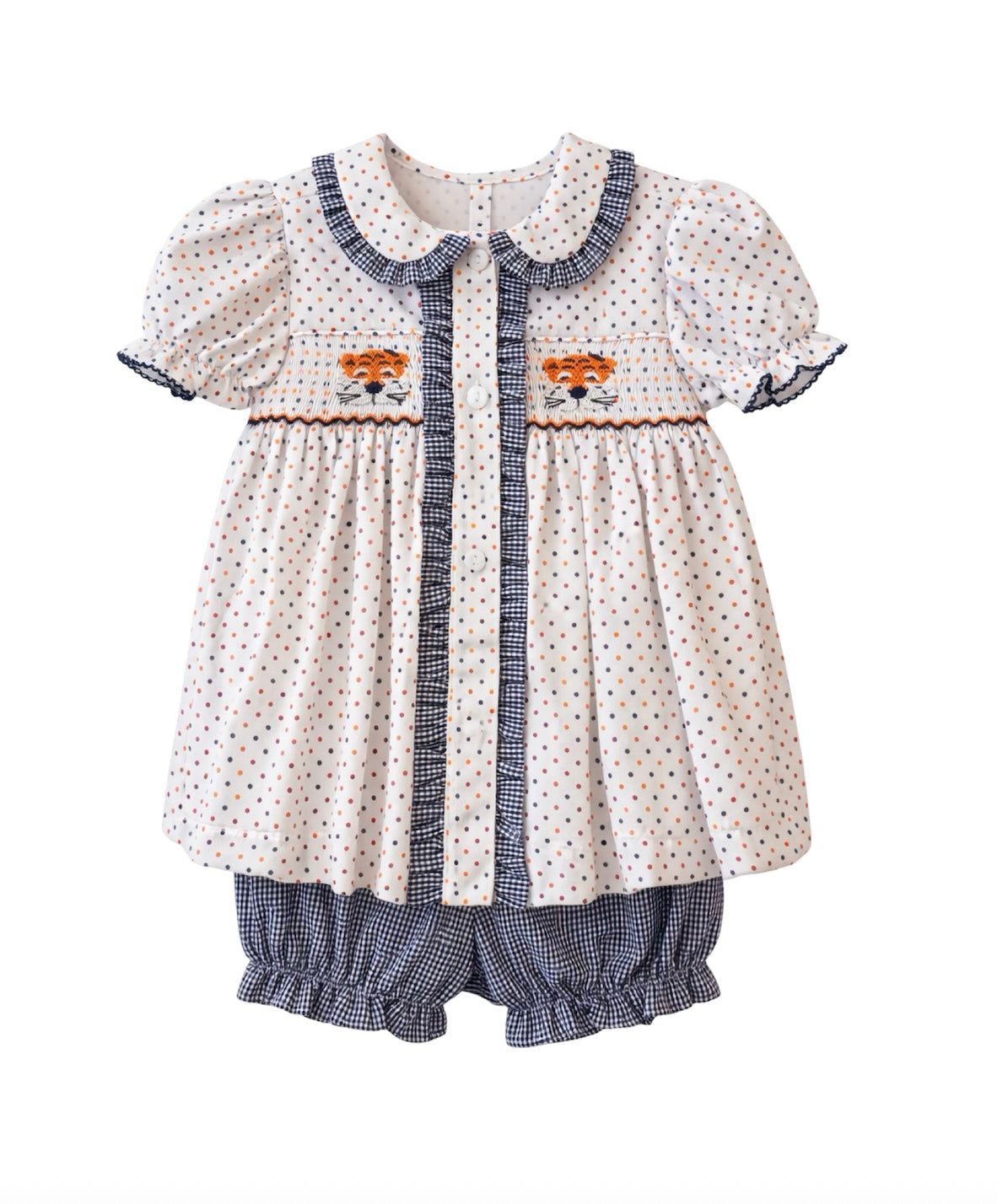 Ruby Smocked Bloomer Set, Orange Navy Bitty Dot Tiger - Born Childrens Boutique