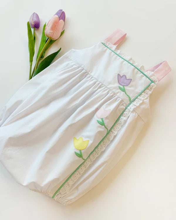 Bitsy Bubble - Worth Avenue White with Palm Beach Pink & Flower Applique - Born Childrens Boutique