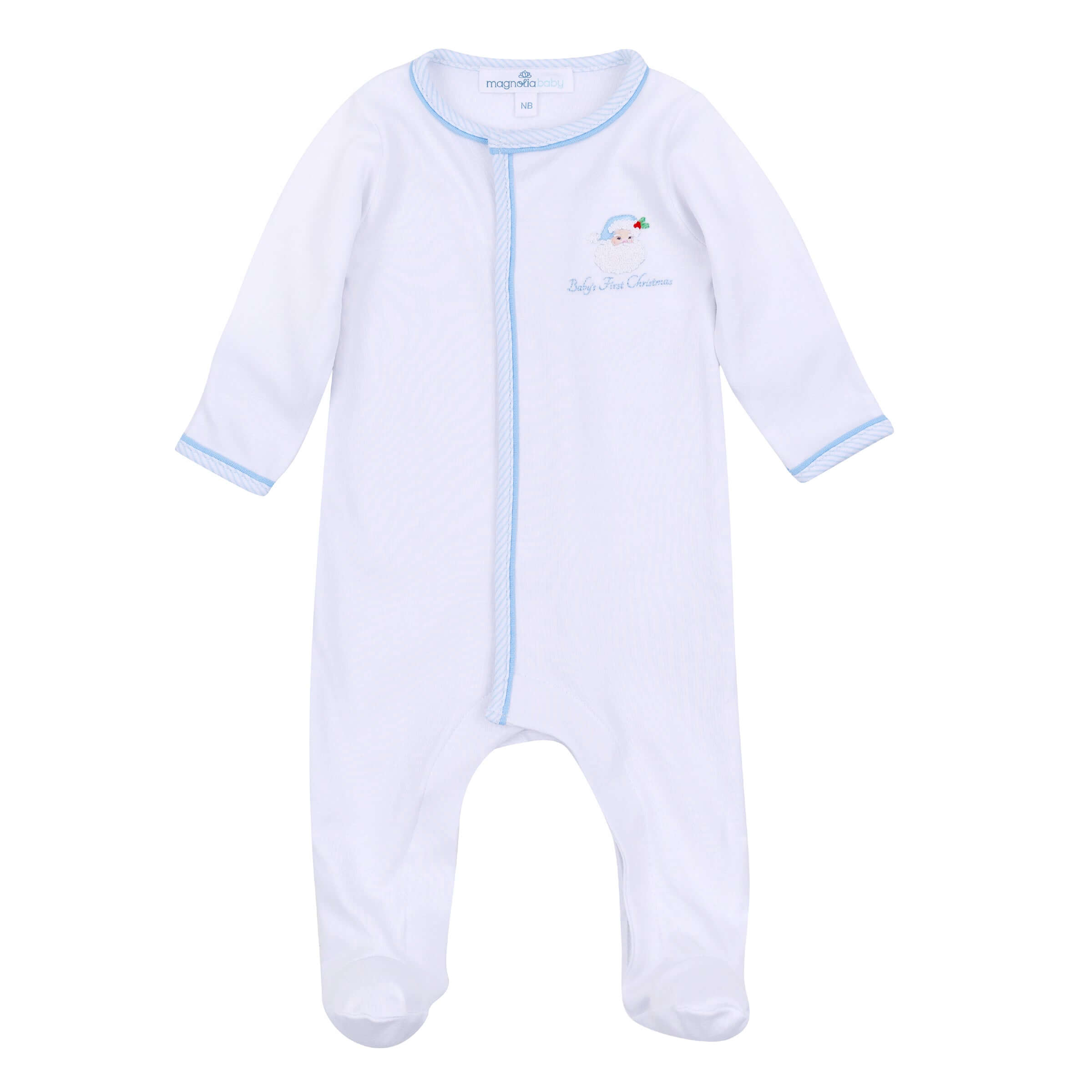 Santa Baby Emb Baby's First Christmas Blue Footie - Born Childrens Boutique