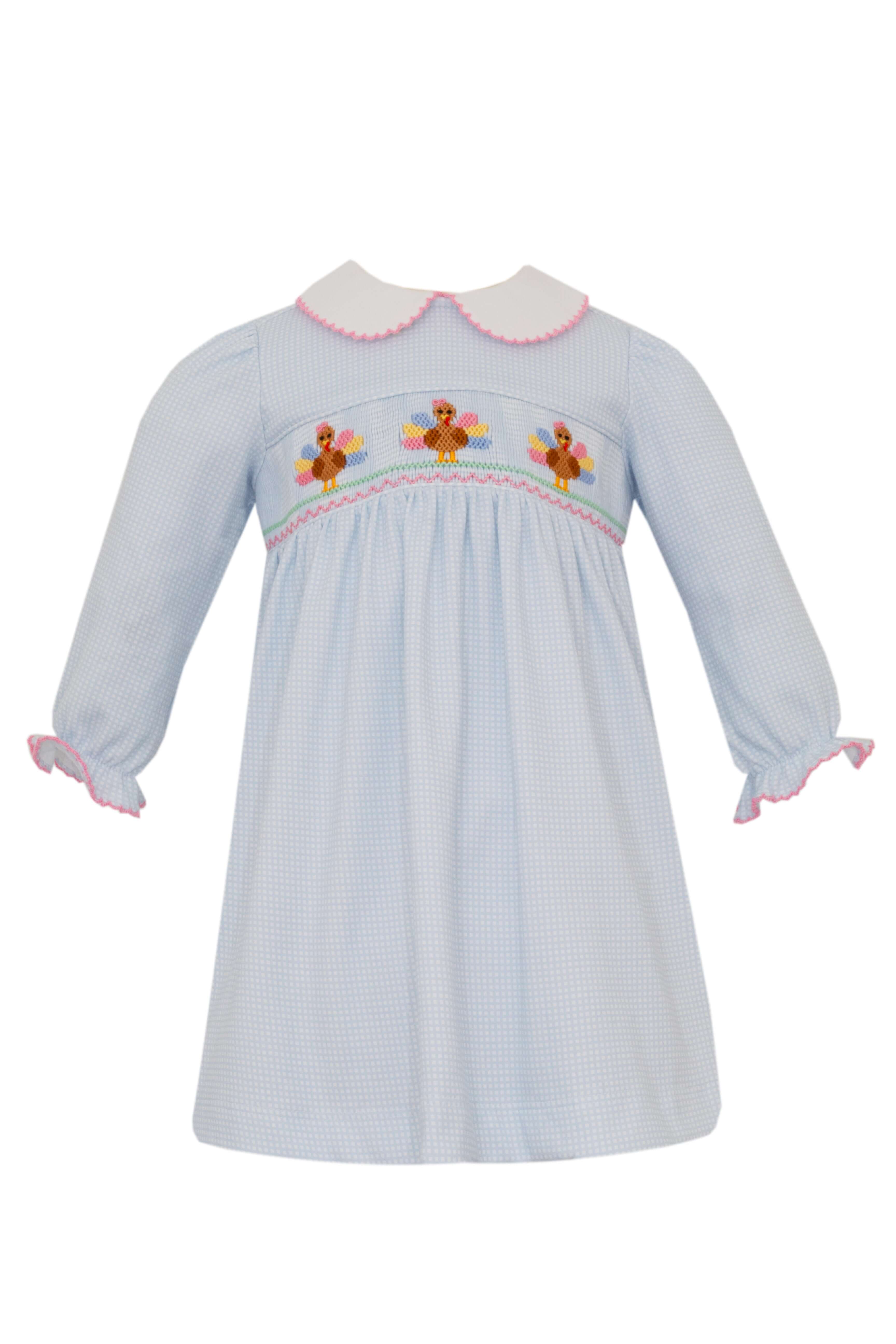 Turkey Dress Lt. Blue Check Knit - Born Childrens Boutique