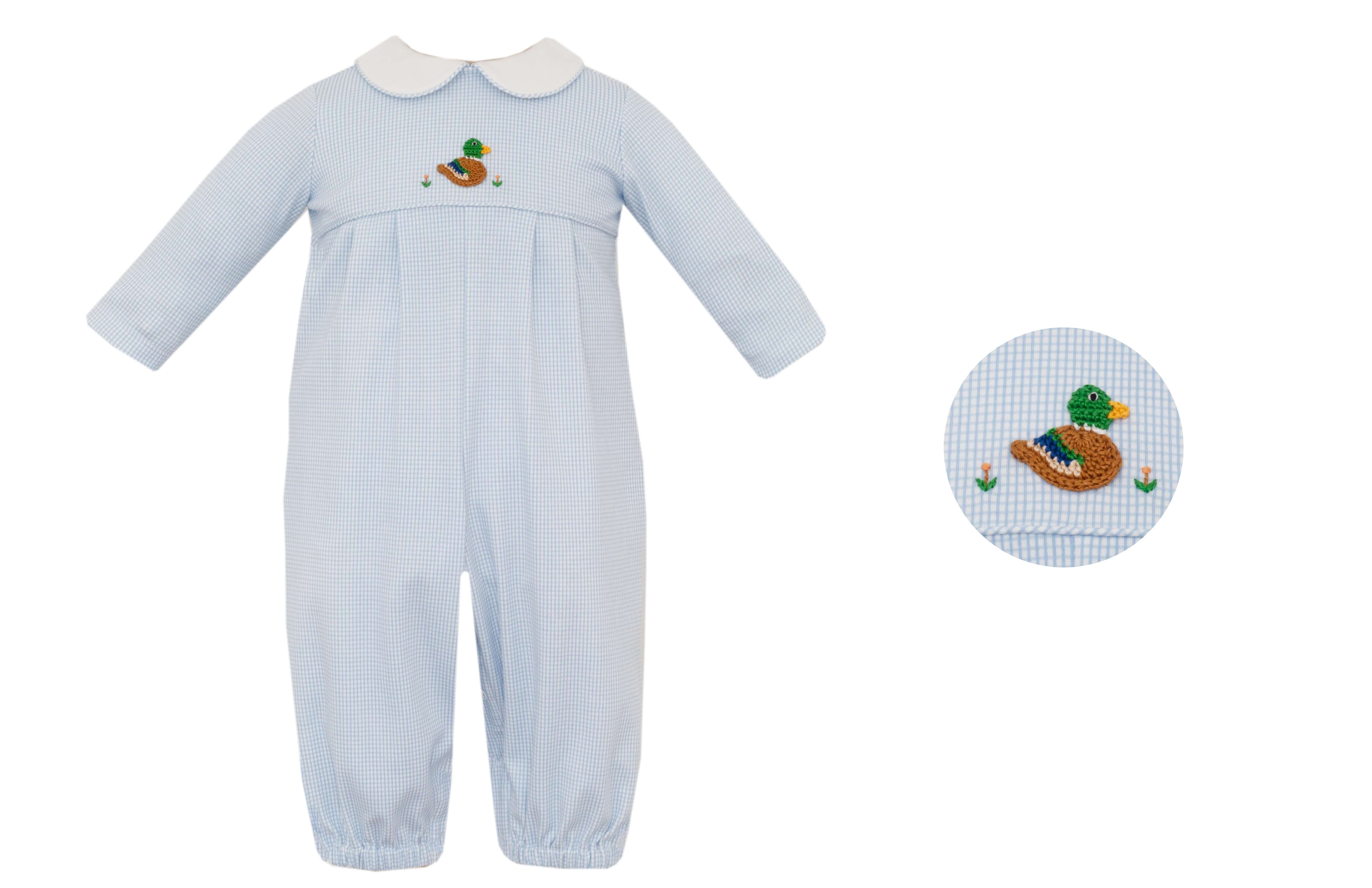 Mallard Duck Blue Check LS Romper - Born Childrens Boutique