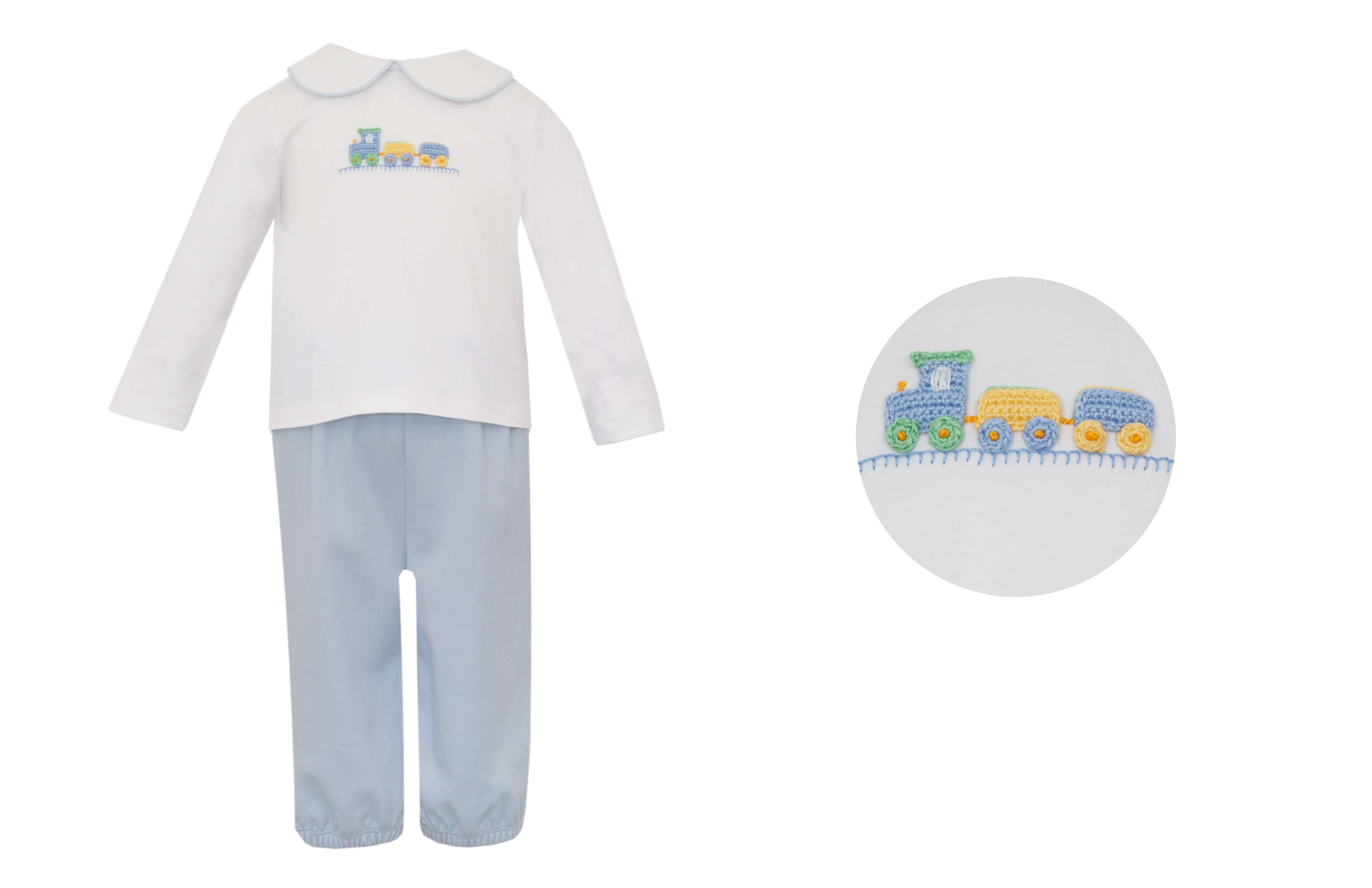 Boy Pant Set Crochet Train Blue Knit - Born Childrens Boutique