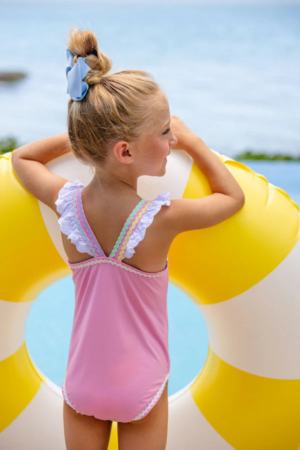 Long Bay Bathing Suit - Hamptons Hot Pink with Worth Avenue White & Multicolor Ric Rac - Born Childrens Boutique