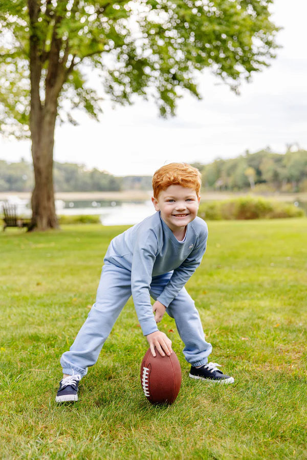 Gates Sweeney Sweatpant - Barrington Blue with Multicolor Stork - Born Childrens Boutique