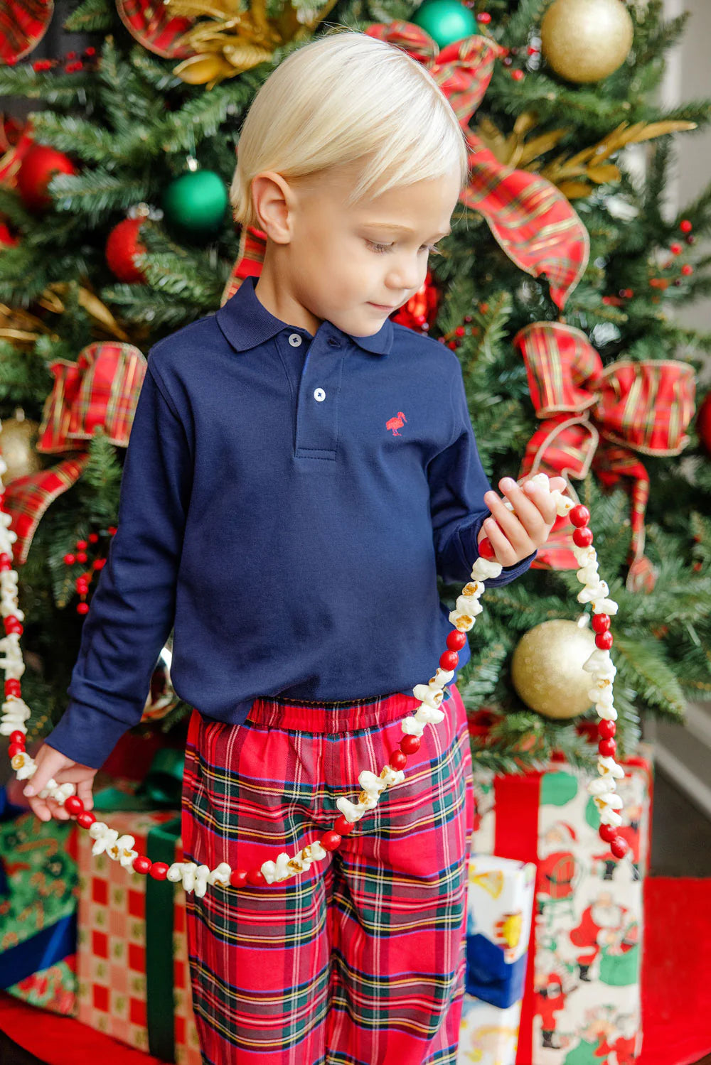 Long Sleeve Prim & Proper Polo Nantucket Navy With Richmond Red Stork - Born Childrens Boutique