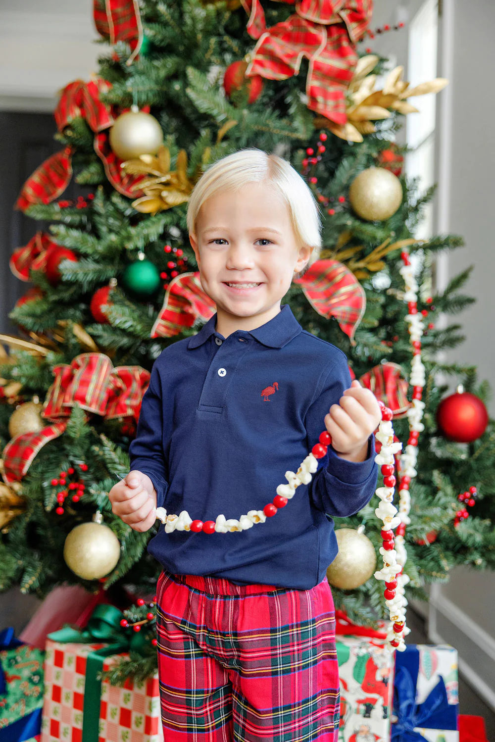 Long Sleeve Prim & Proper Polo Nantucket Navy With Richmond Red Stork - Born Childrens Boutique