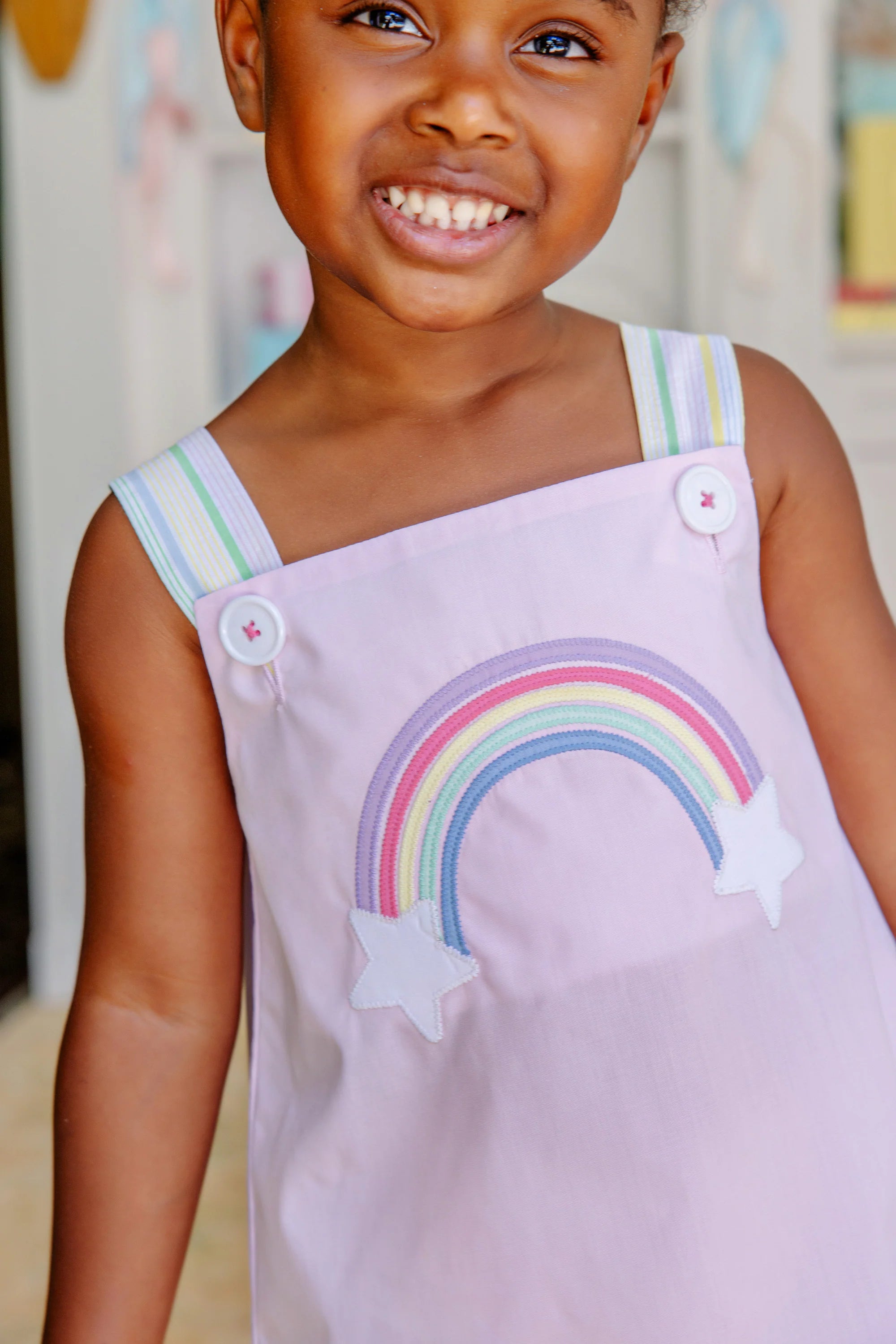 Jillian Jumper Set Palm Beach Pink with Santa Maria Seersucker & Rainbow Applique - Born Childrens Boutique