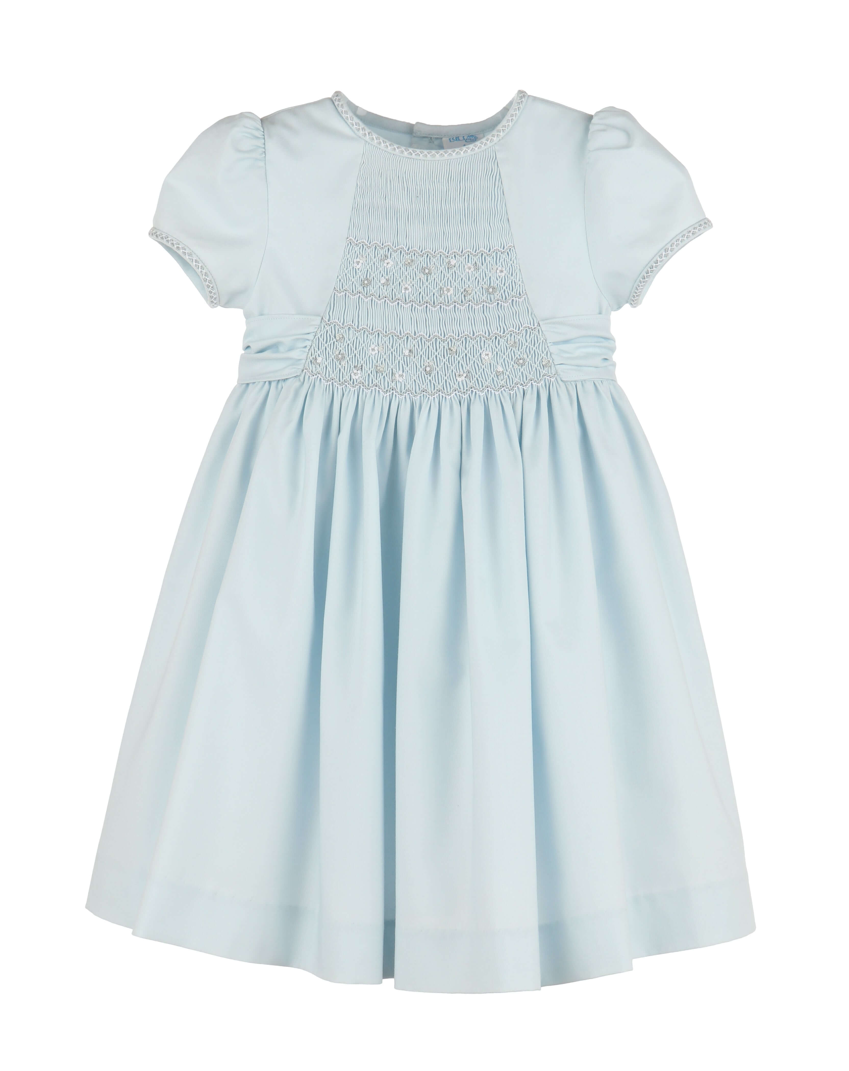 Silverstone Smocked Dress w/Sash, Blue - Born Childrens Boutique