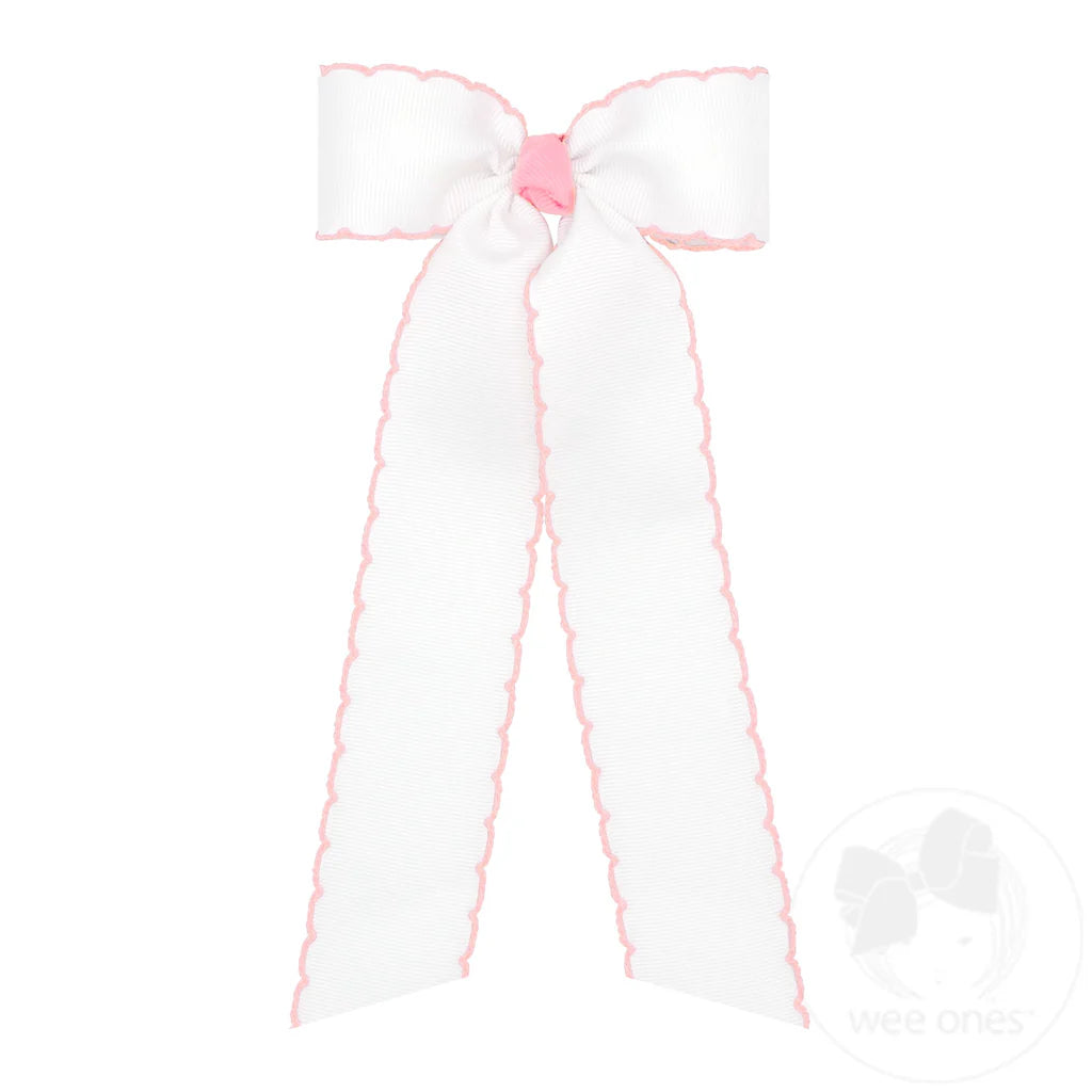 Wee Ones White with Light Pink Moonstitch Bow with Tail - Born Childrens Boutique