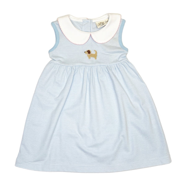SPIDD224 Sleeveless Dress Crochet Puppy on Baby Blue Narrow Stripe - Born Childrens Boutique