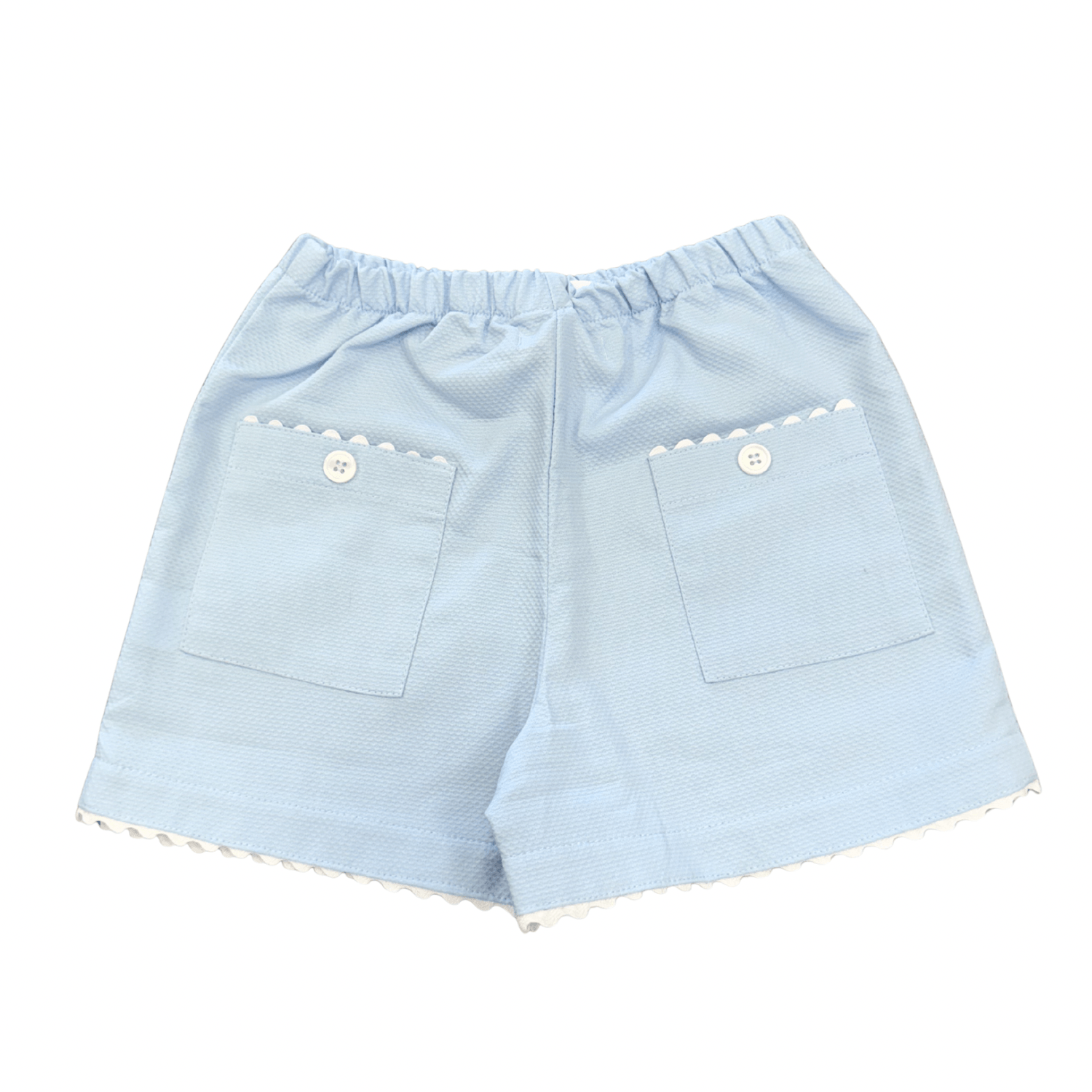 Blue Pique with White Ric Rac Two Pocket Short - Born Childrens Boutique