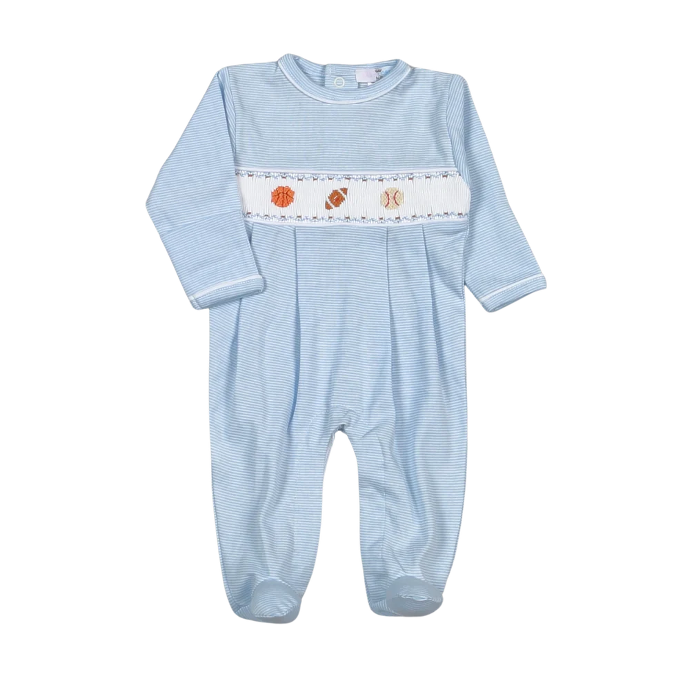 Baseball Hand Smocked Pima Footie - Born Childrens Boutique