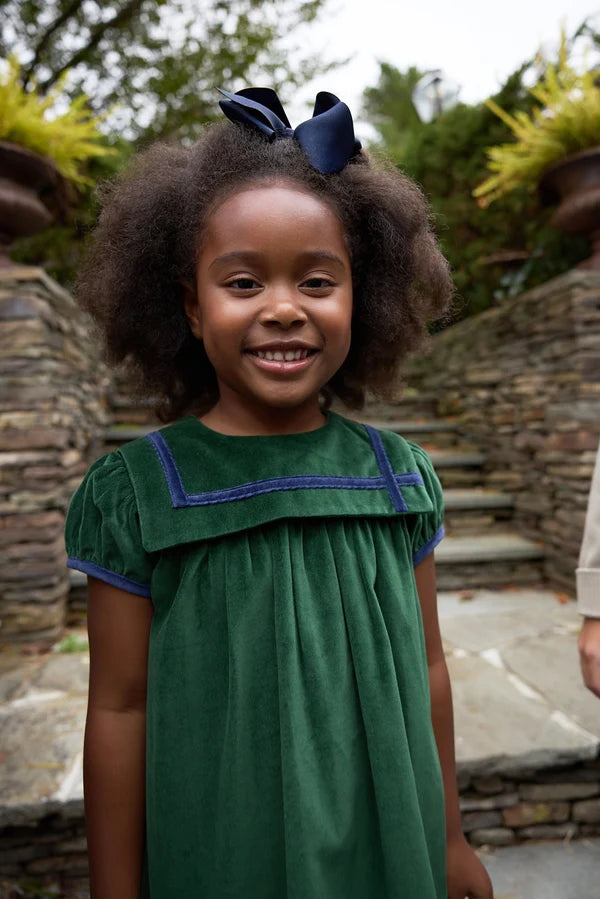 Short Sleeve Patsy's Party Dress - Grier Green Velveteen with Nantucket Navy