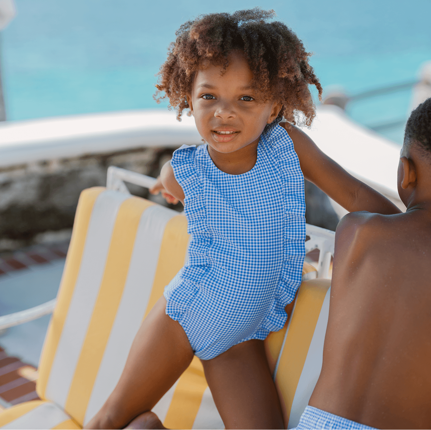 Girls Sky Blue Gingham Ruffle One Piece - Born Childrens Boutique