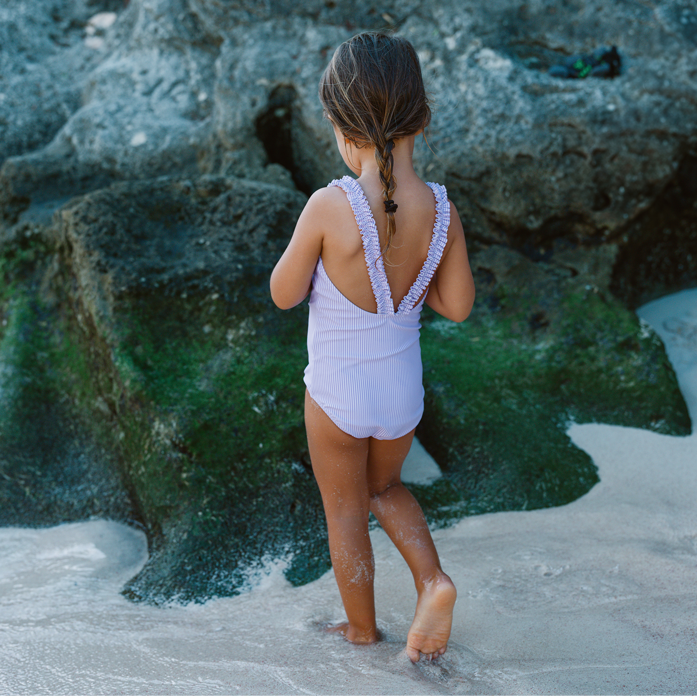 Girls Lavender Micro Stripe Ruched Strap One Piece - Born Childrens Boutique