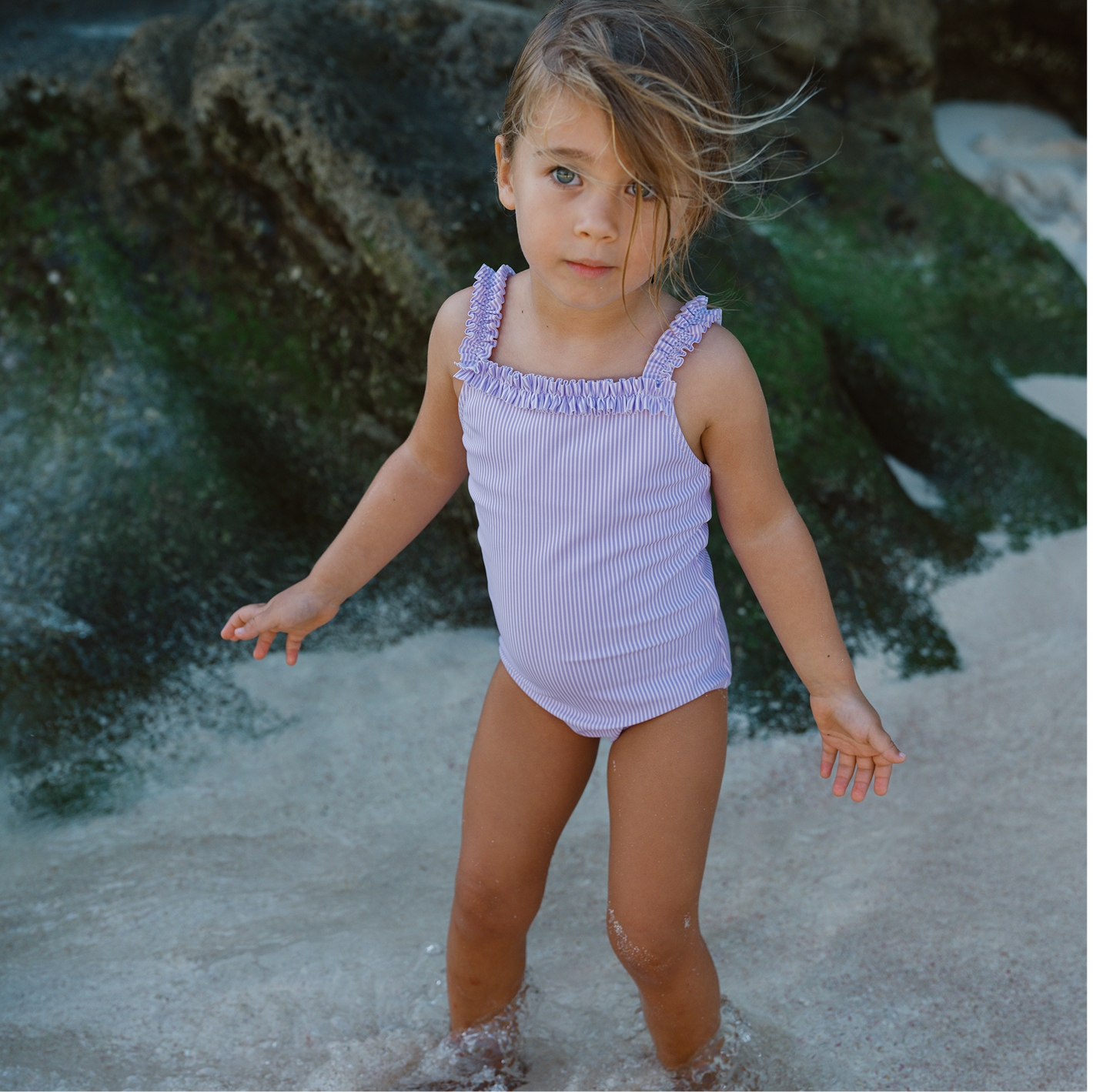 Girls Lavender Micro Stripe Ruched Strap One Piece - Born Childrens Boutique