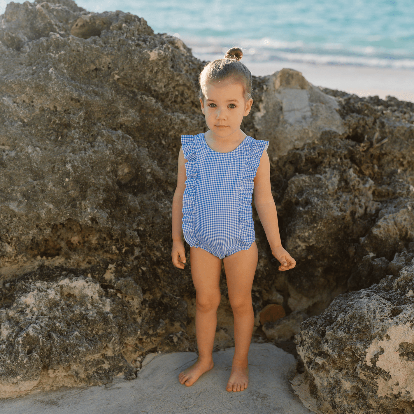 Girls Sky Blue Gingham Ruffle One Piece - Born Childrens Boutique