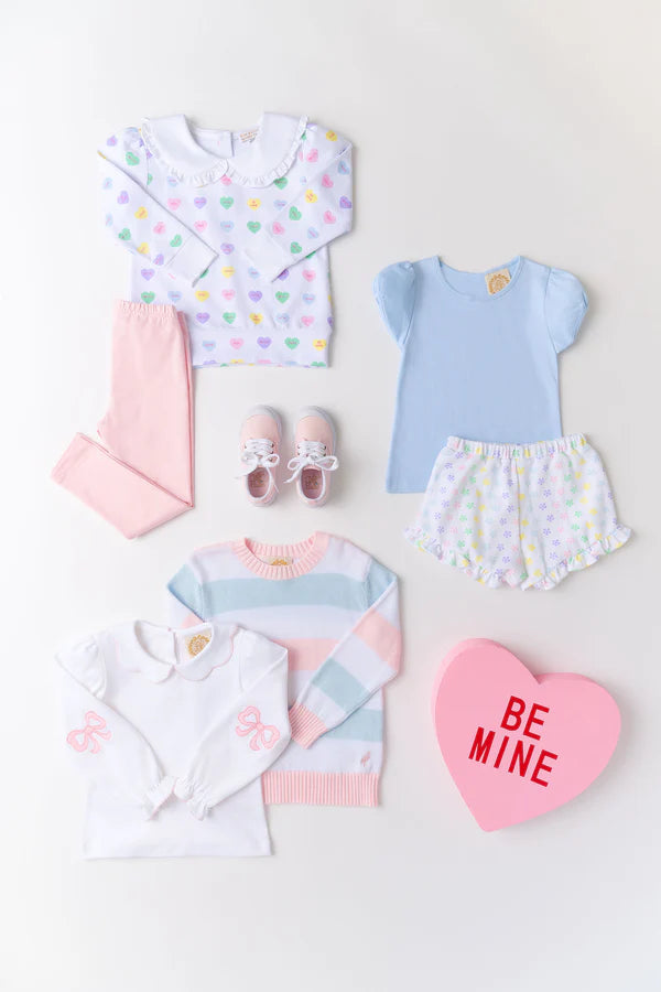 Maude's Ruffle Cassidy Comfy Crewneck - We Heart You (Palm Beach Pink) with Worth Avenue White - Born Childrens Boutique