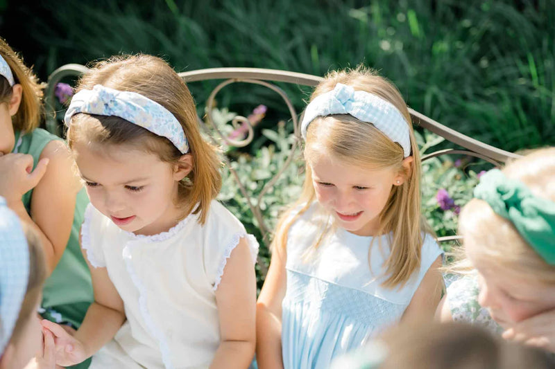 Flower and Gingham Knotted Headband, Blue - Born Childrens Boutique