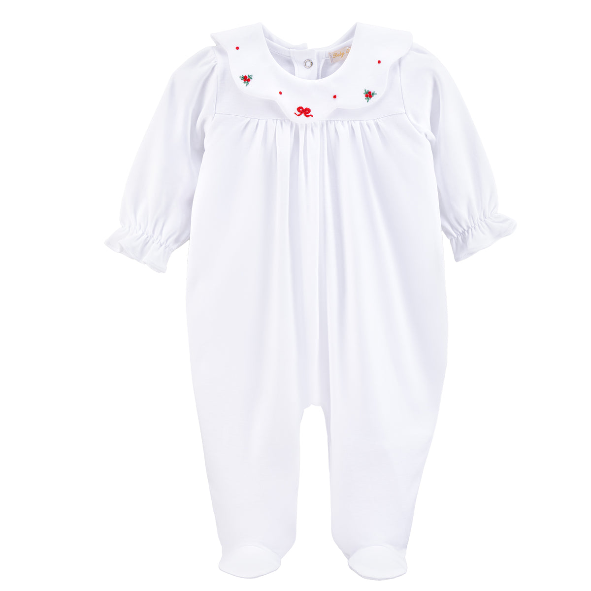 Bows & Mistletoes Emb Pima Collared Footie - Born Childrens Boutique