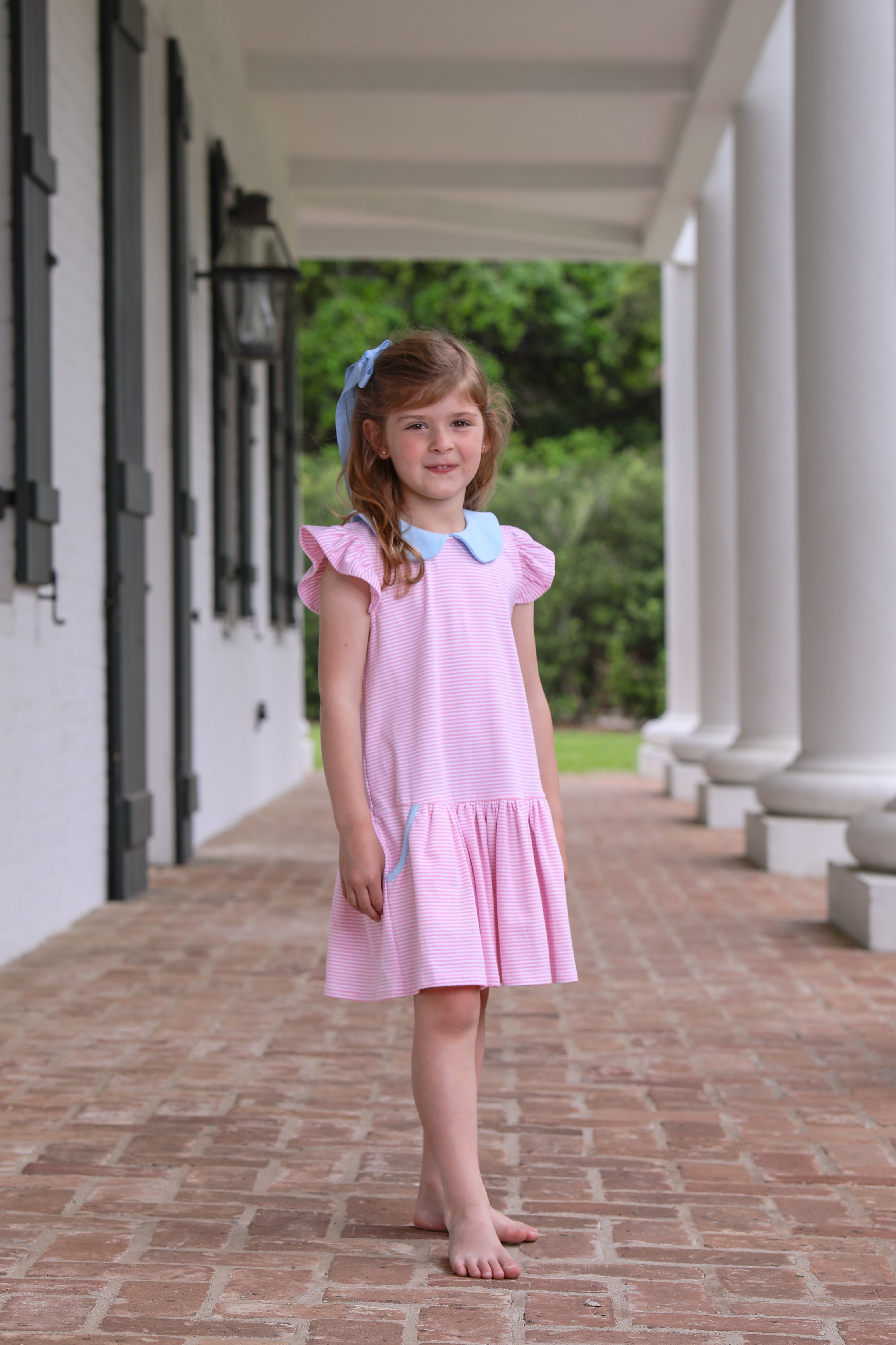 Genevieve Dress - Light Pink Stripe/Light Blue - Born Childrens Boutique