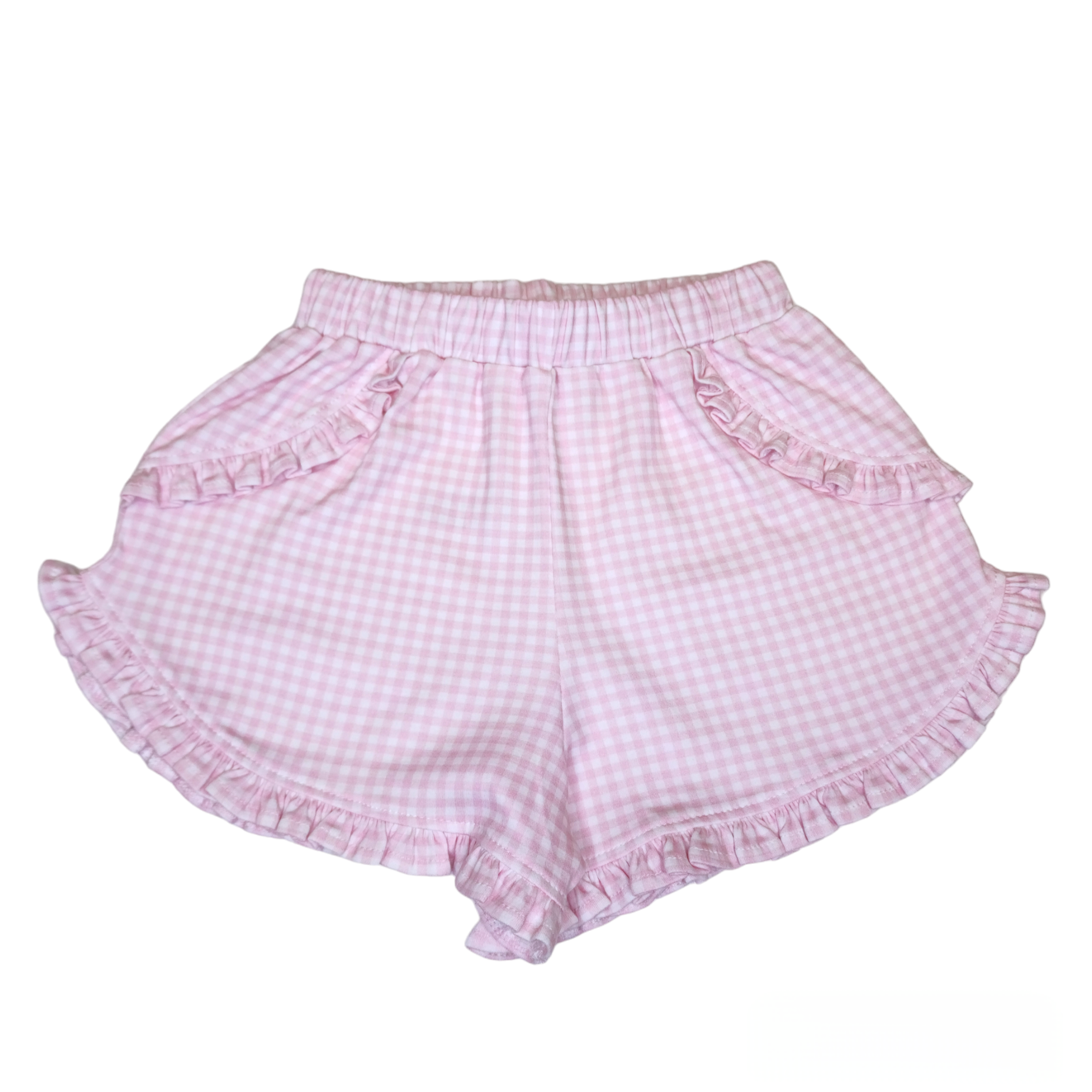 Kinley Ruffled Knit Short - Pink Gingham - Born Childrens Boutique