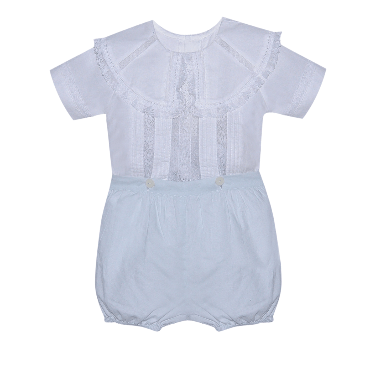 Jame Button On Suit White with Blue Bottoms and White Lace - Born Childrens Boutique