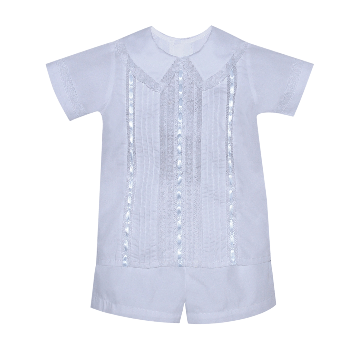 Isaac Short Set White blue ribbon and white lace - Born Childrens Boutique