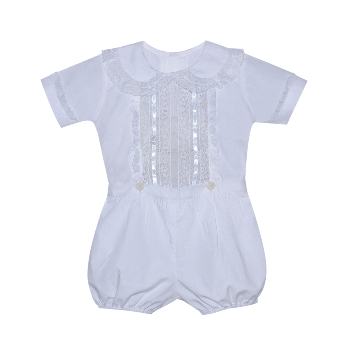 Kent Button On Suit - White with blue ribbon and white lace - Born Childrens Boutique
