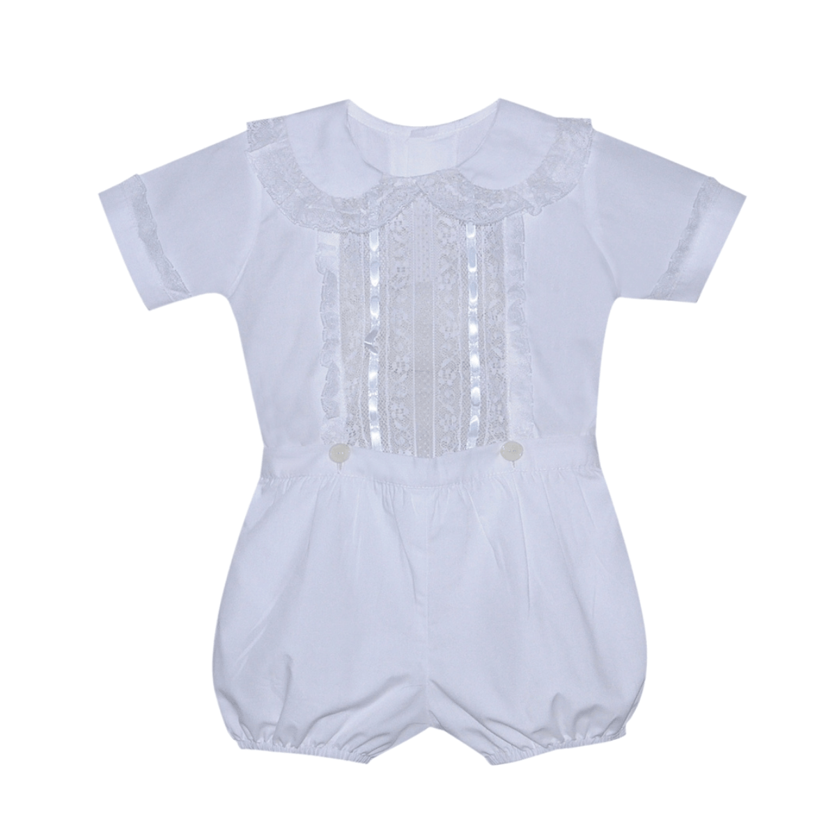 Kent Button On Suit - White with blue ribbon and white lace - Born Childrens Boutique