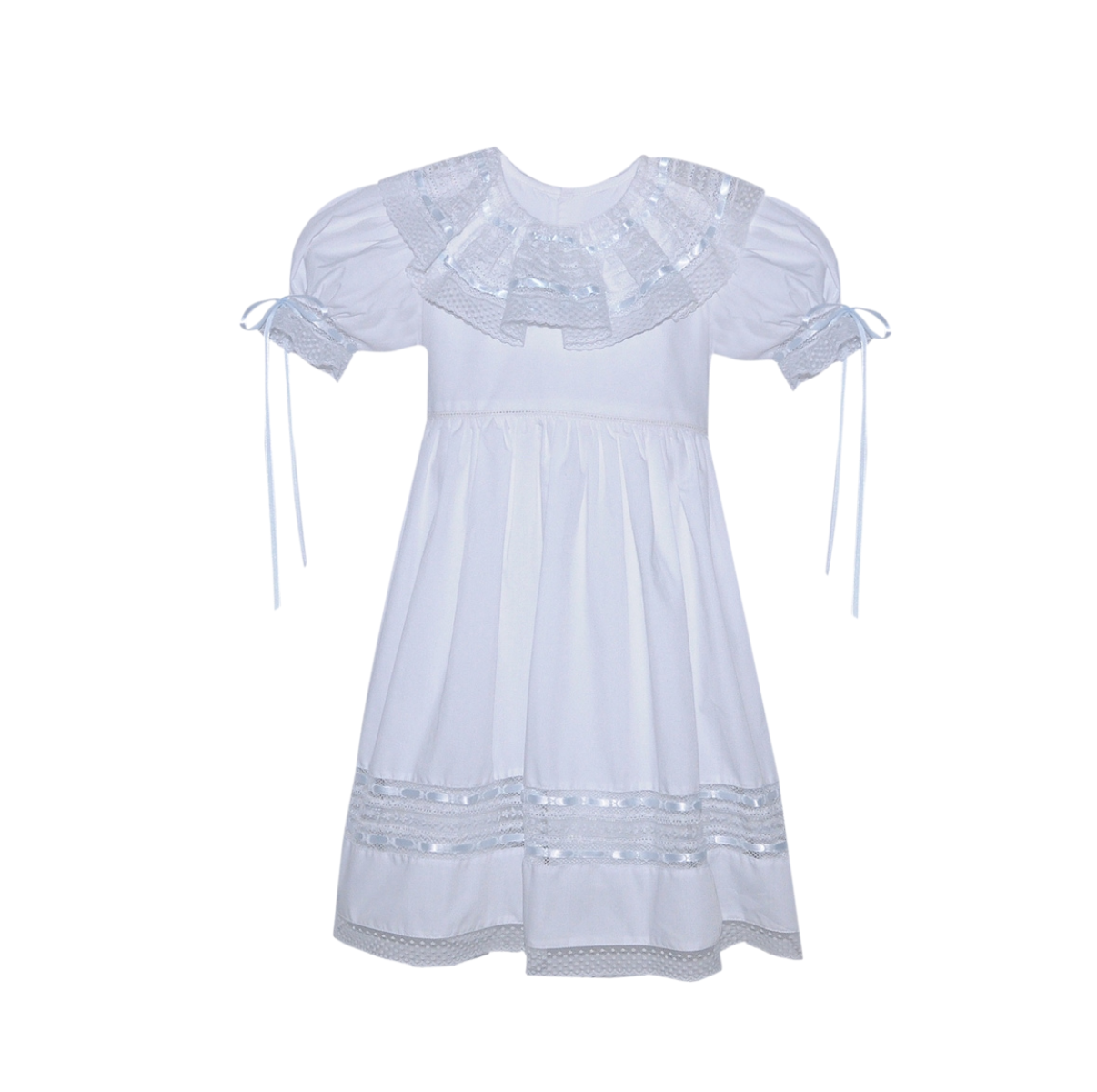 Georgia Big Dress White with Blue Ribbon and White Lace - Born Childrens Boutique