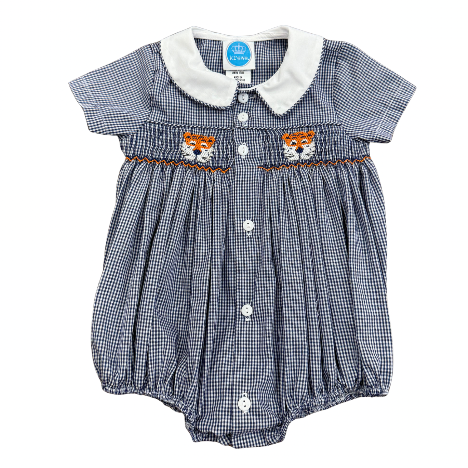 Miller Smocked Bubble, Orange Navy Gingham Tiger - Born Childrens Boutique