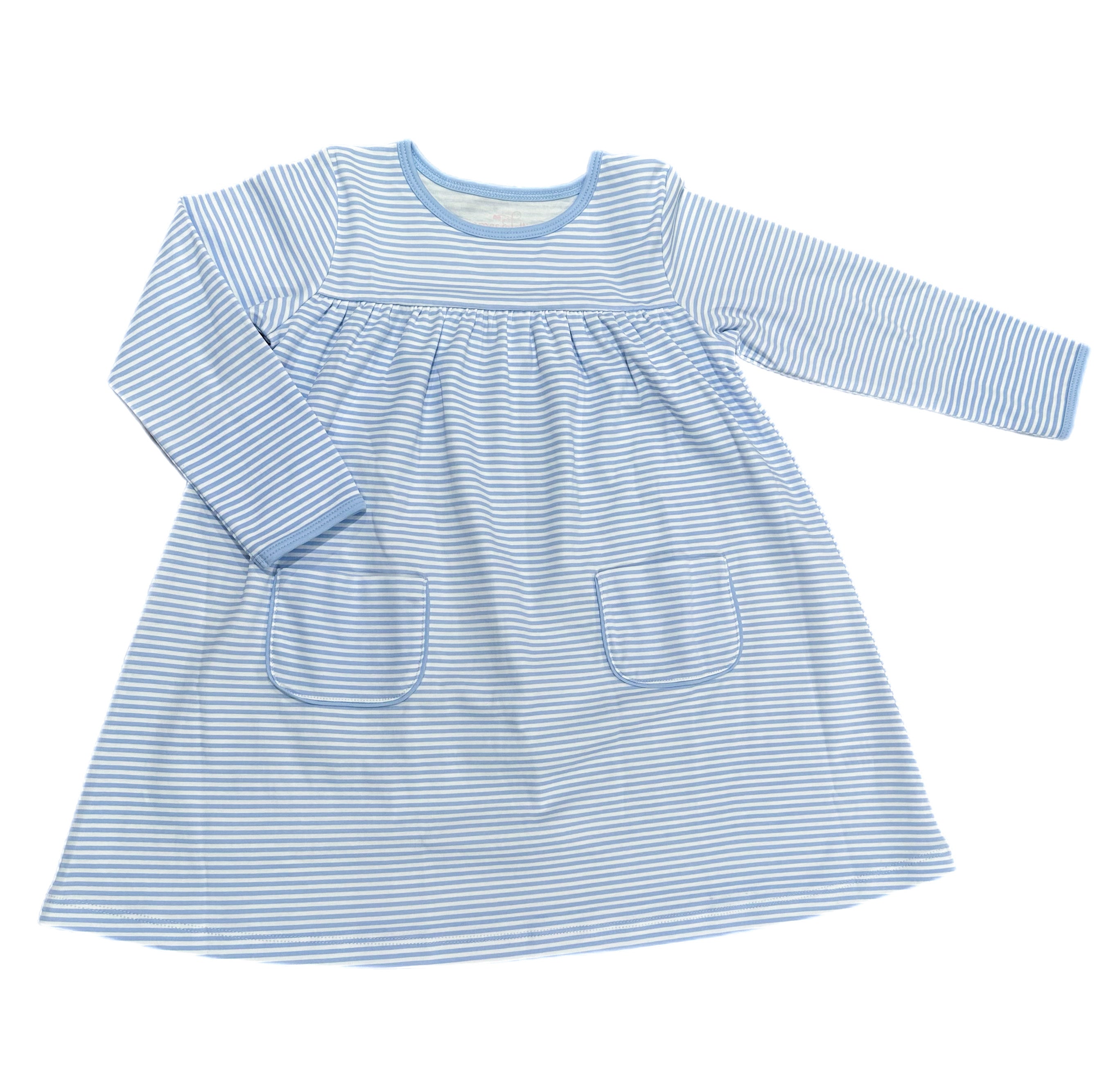 Lennon Pocket Dress, Light Blue Stripe - Born Childrens Boutique