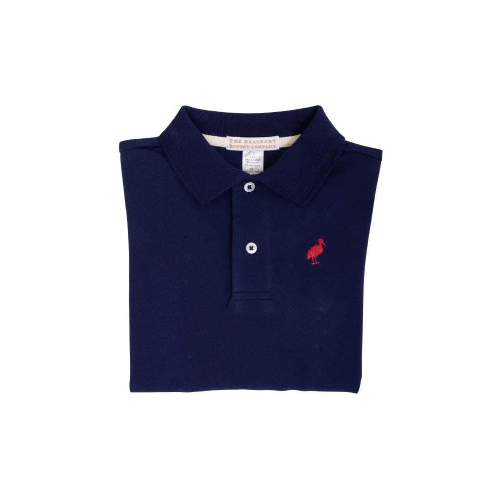 Long Sleeve Prim & Proper Polo Nantucket Navy With Richmond Red Stork - Born Childrens Boutique