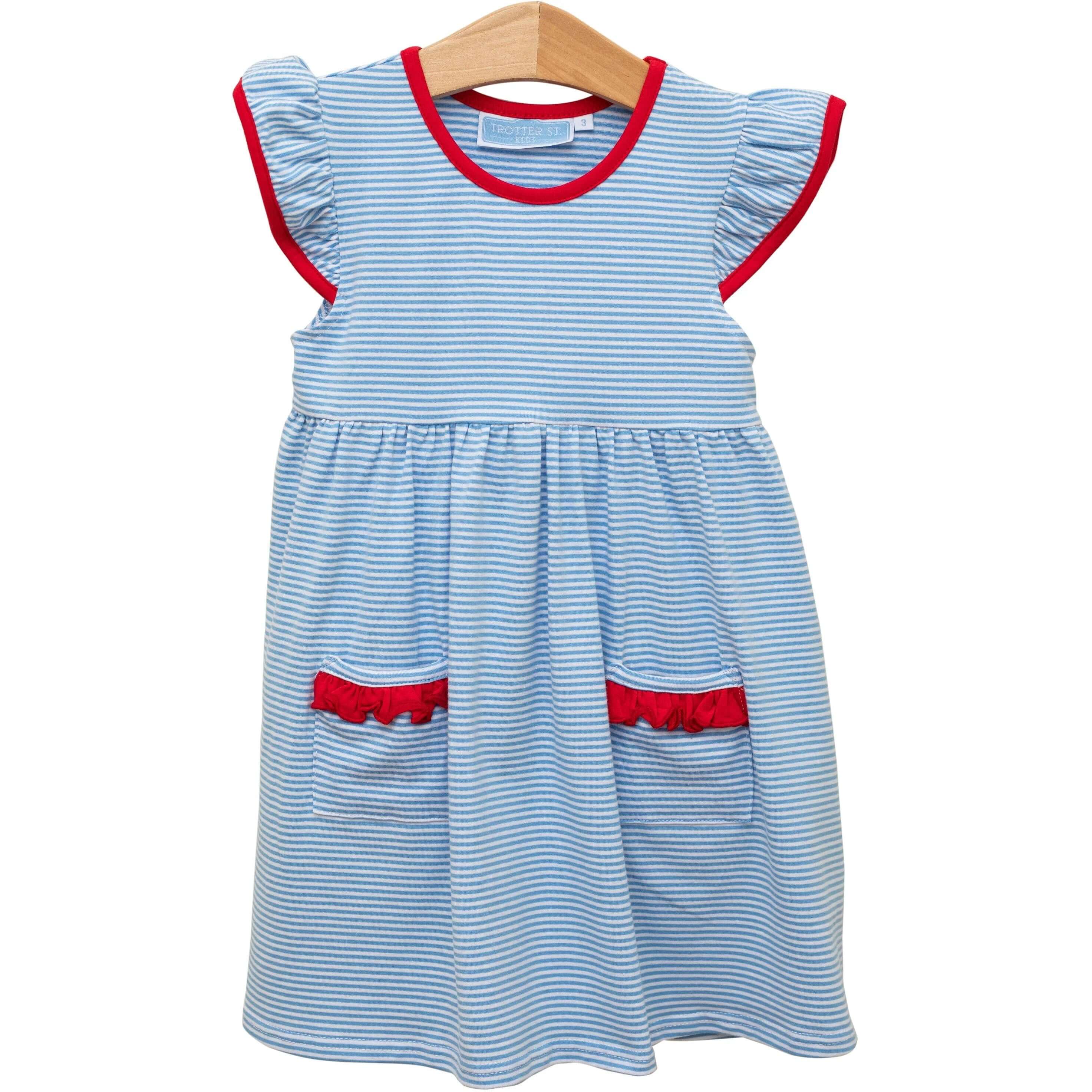 Lucy Dress - Cornflower Stripe/Red - Born Childrens Boutique