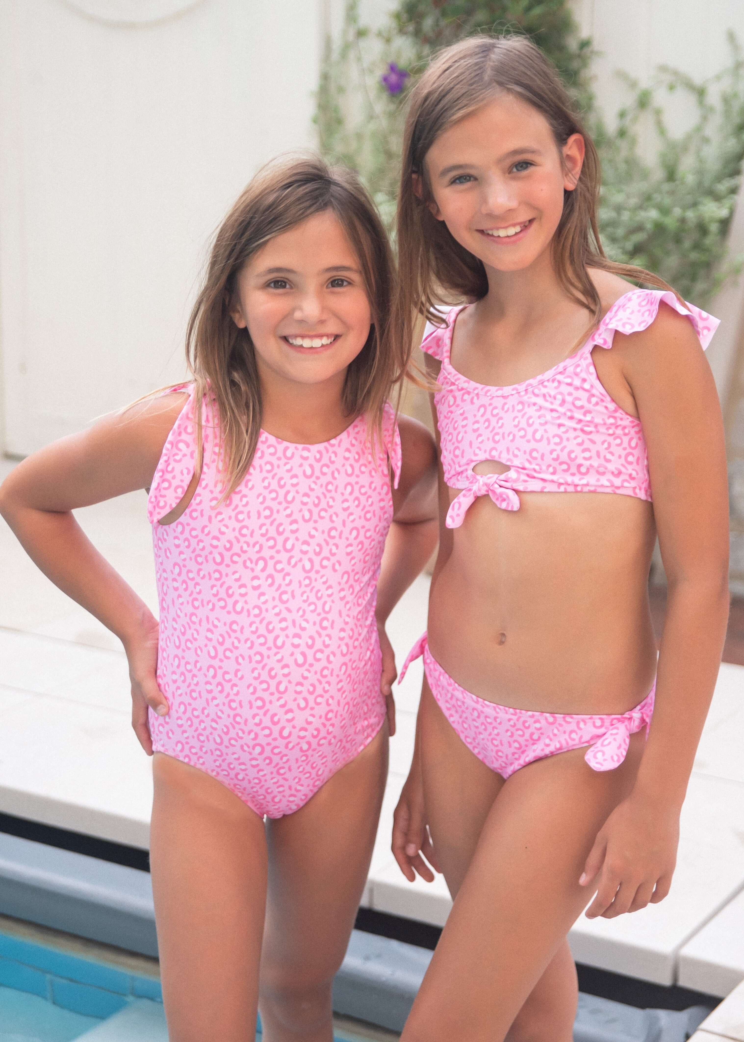 Pink Cheetah Two Piece Knot Swim - Born Childrens Boutique