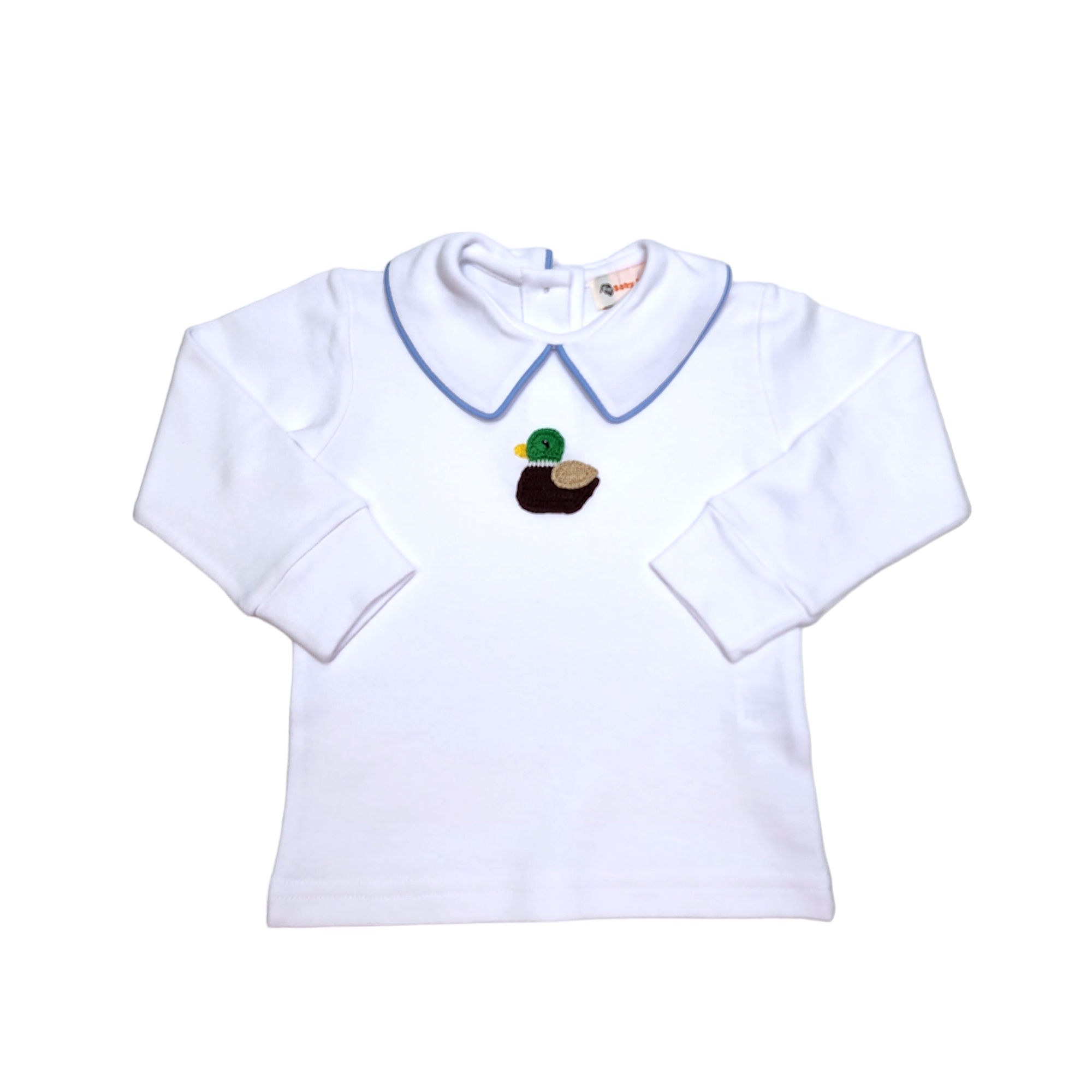 LS Crochet Mallard Sky Blue Piped Shirt White - Born Childrens Boutique