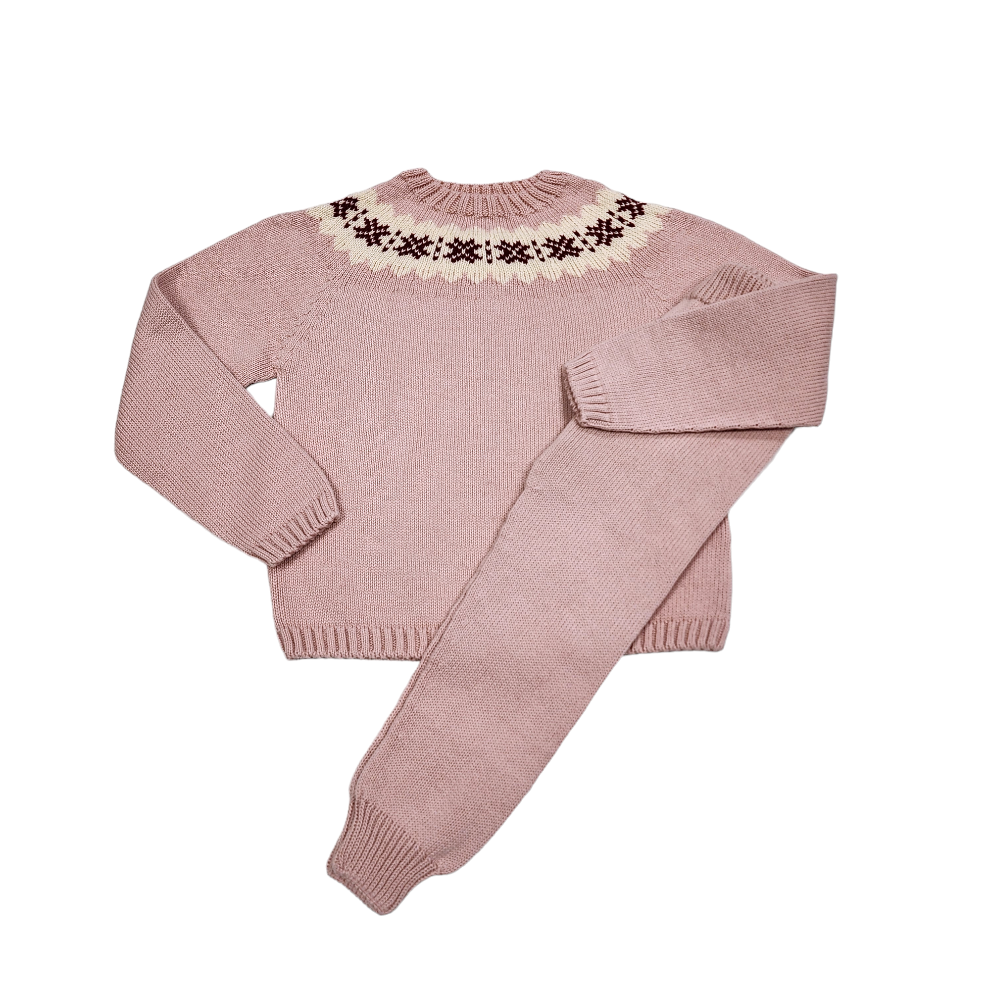 Fair Isle Crew Rose Garnet Ecru Jogger Set - Born Childrens Boutique