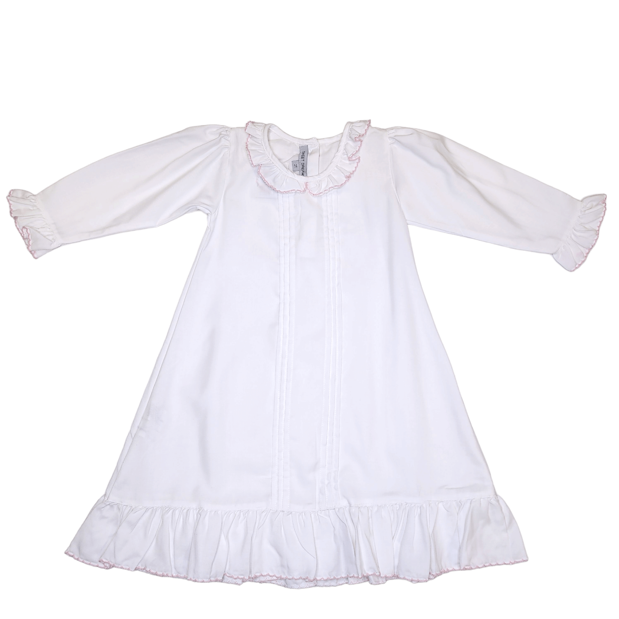 White Pleated Gown w/ Pink Picot Trim - Born Childrens Boutique