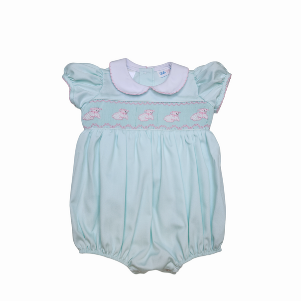 Rosie Mint/Pink Lamb Smocked Waist Bubble - Born Childrens Boutique
