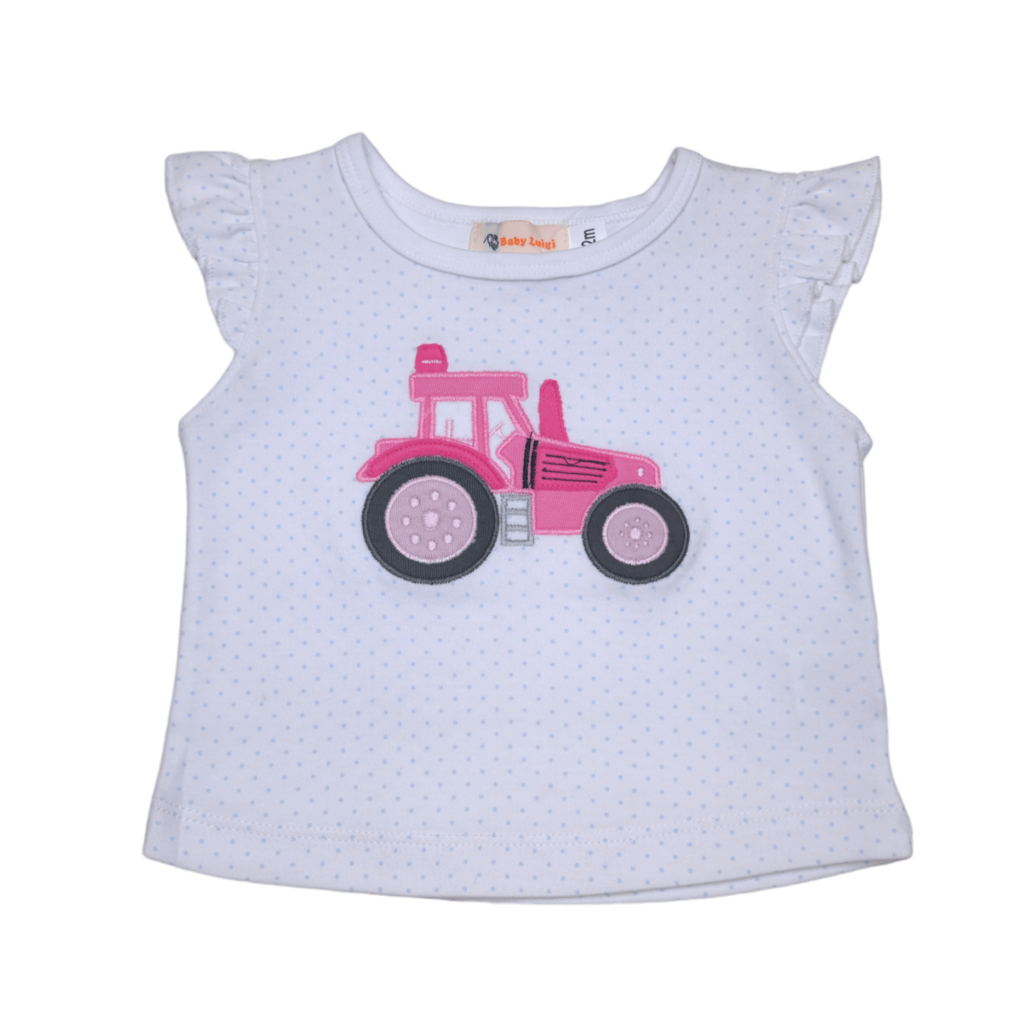 Girl Flutter Sleeve Tractor Baby Blue Polka Dot - Born Childrens Boutique