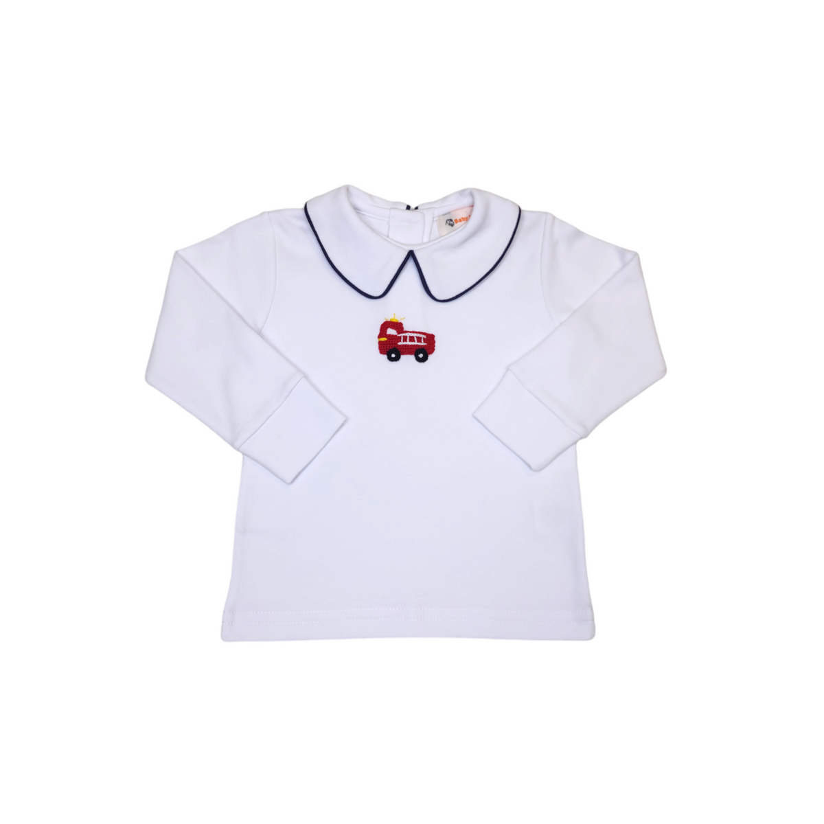 LS Crochet Fire Truck Royal Piped Shirt White - Born Childrens Boutique
