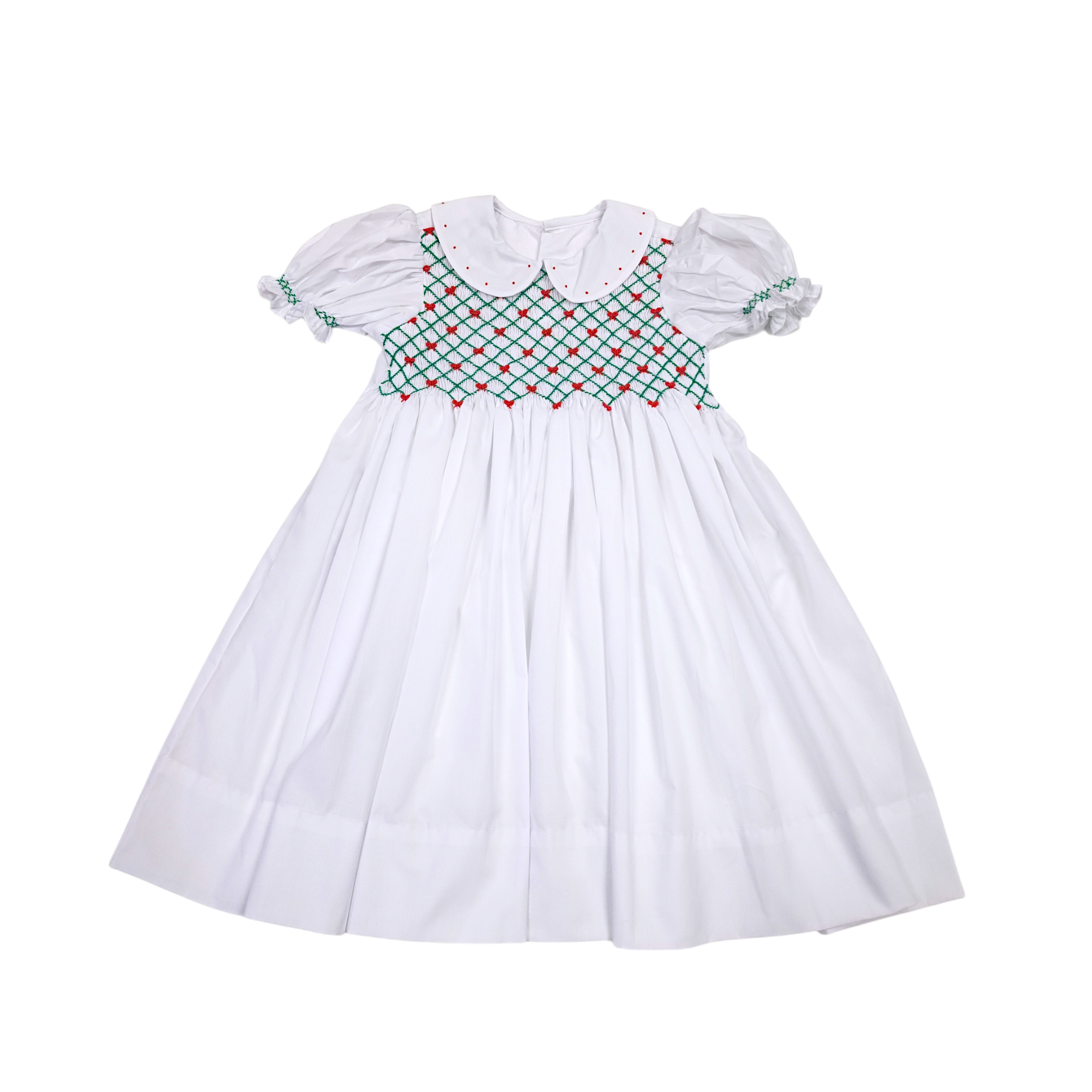 White Channing Dress Red/Green Smock - Born Childrens Boutique