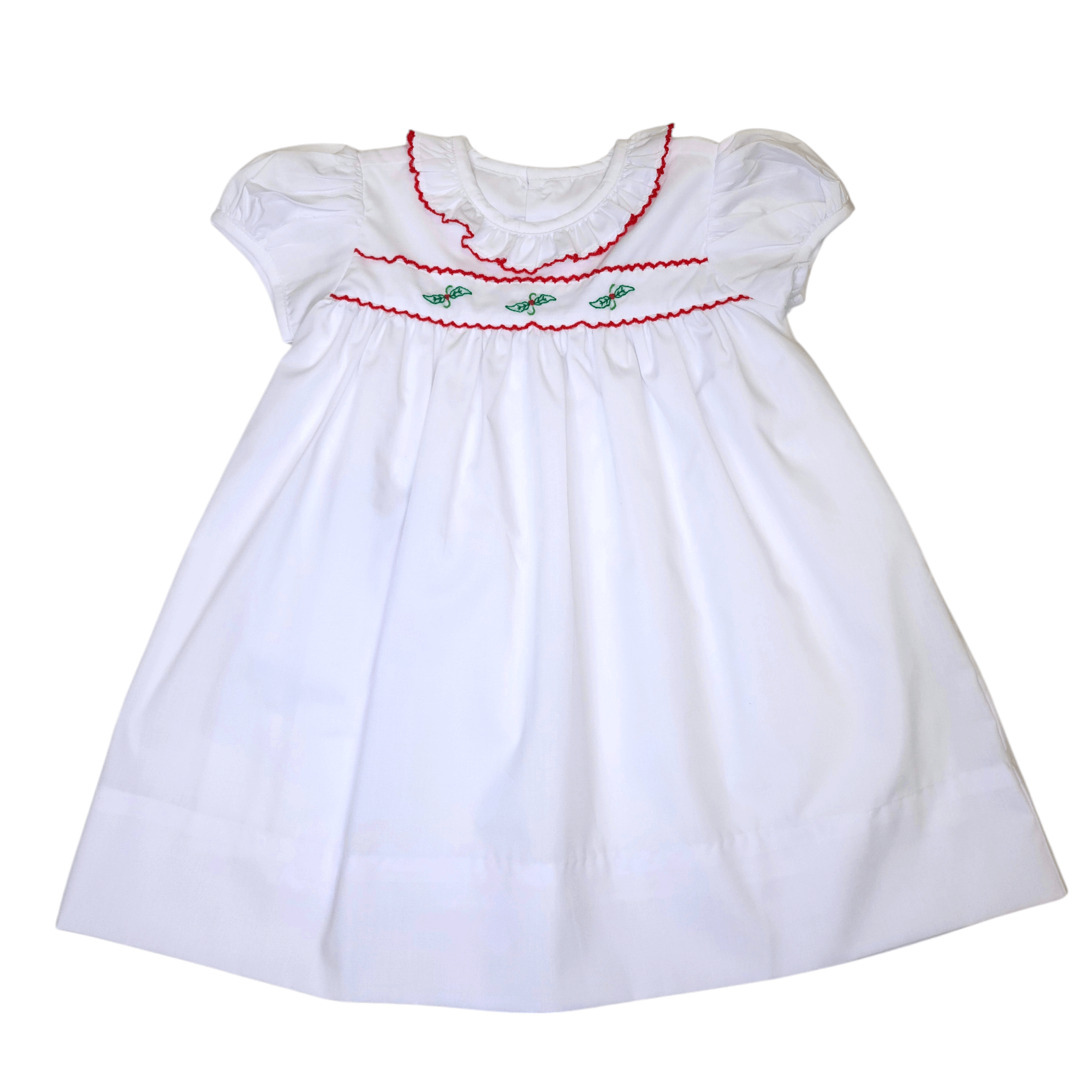 White Rudi Dress Christmas Hollies - Born Childrens Boutique