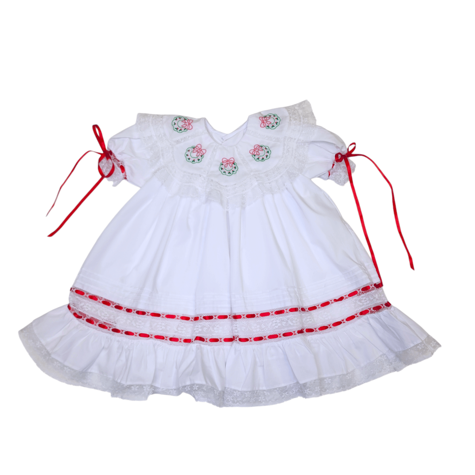 White Lucille Dress Christmas Embroidery Wreath - Born Childrens Boutique