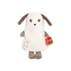 Mon Ami Trick or Treat Puppy plush in ghost costume with orange treat bucket
